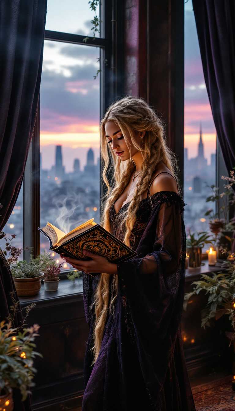 In a luxurious penthouse bathed in the soft, ethereal glow of twilight, a beautiful witch with a deep, rich complexion stands poised, her long blond braids cascading like golden waterfalls over her shoulders. The air shimmers with the vibrant energy of magic as she delicately flips through the worn pages of her ornate book of shadows, its cover adorned with intricate silver filigree that catches the light, reflecting an array of mystical symbols. 

Surrounding her, the room is a tapestry of eclectic furnishings, blending dark, opulent fabrics with shimmering crystals and ancient artifacts that whisper of forgotten spells. Plush velvet drapes frame tall windows, revealing a breathtaking skyline painted in hues of indigo and violet, while a soft breeze rustles the leaves of potted herbs that line the windowsill, their earthy scents mingling with the fragrant smoke of incense curling through the air. 
