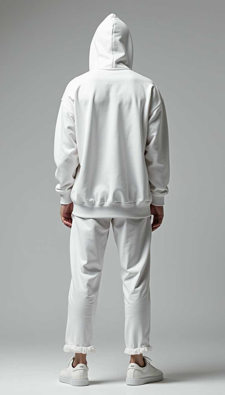 create a full-body shot of a young white man standing facing backwards with his hood on, in a photo studio, wearing a white oversized hoodie and white straight-cut sweatpants. Ensure the entire body, from head to toe, is visible with no cropping at the waist, head, or feet. Use a DSLR camera effect, 4K, photorealistic quality, and a grey background. The subject should be centered and fully in frame.