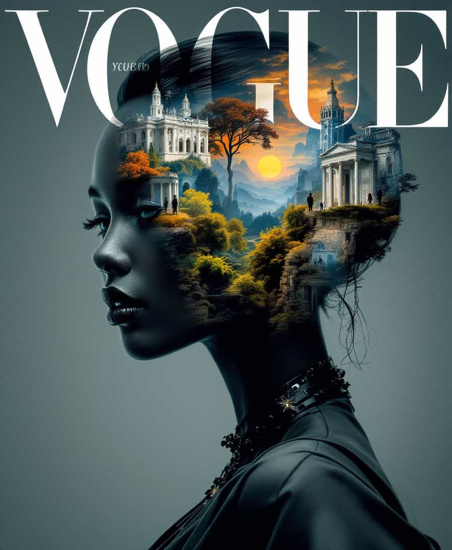 Hyperrealistic and ultra-realistic high fashion 'VOGUE' cover, featuring a beautiful graceful top model in a luxurious ultra-modern outfit, captured in motion with a close-up shot. Deep dark colors, Utilizing double composition technique to incorporate an intricate landscape within the form of the model. The artwork blends classical architectural scenes carved into her silhouette, with figures inhabiting the space, suggesting a rich inner world. This blend of classical artistry with modern aesthetic conveys the complexity and depth of the human mind visually. Inspired by Annie Leibovitz