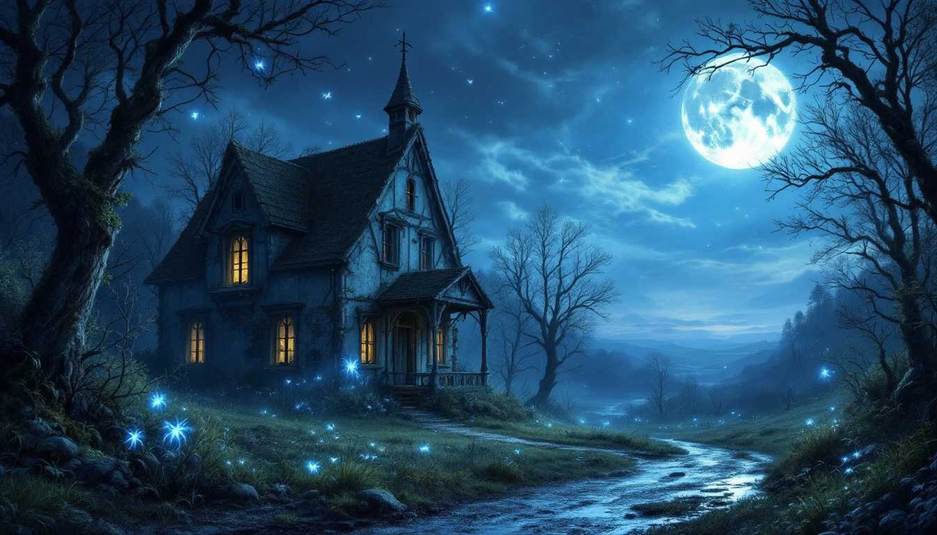 A mysterious, magical village, extremely beautiful, abandoned for many years, Midnight moonlight and some blue glowing insects