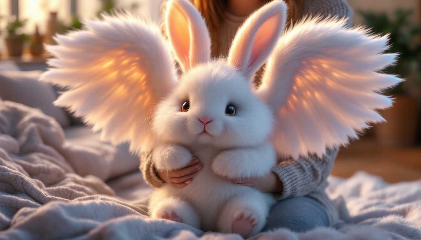 A hyper-realistic scene of a giant fluffy rabbit with soft, angelic wings being gently held by a person in a cozy indoor setting. The rabbit's wings are large and delicate, with soft white feathers that glow in the warm indoor light. Its fur is thick and velvety, with detailed strands reflecting the gentle lighting. The background features a homely living room with a soft couch, wooden flooring, and a potted plant, giving a sense of warmth and comfort. The person holding the rabbit wears a cozy sweater, adding to the serene and inviting atmosphere. Hyper-detailed fur textures, intricate feather details, cozy ambiance, magical realism, trending aesthetic.