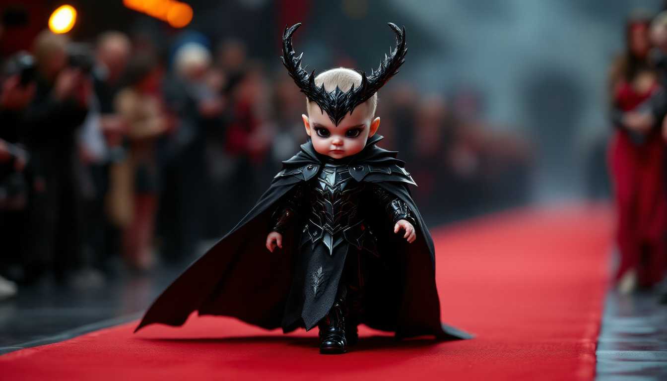 A hyper-realistic image of a tiny baby Hela walking down the red carpet. She is wearing glossy black armor with gothic, high-fashion elements. Her iconic antler-like headdress is polished and gleaming, casting dark shadows across her face. Baby Hela's expression is fierce and commanding as she strides gracefully down the runway, her long, flowing cape trailing behind her. The cameras capture the intricate, dark patterns on her armor, which shimmer with a faint, otherworldly glow. The crowd watches in awe as she embodies the perfect balance of dark power and runway elegance, her gothic style blending seamlessly with her villainous nature.