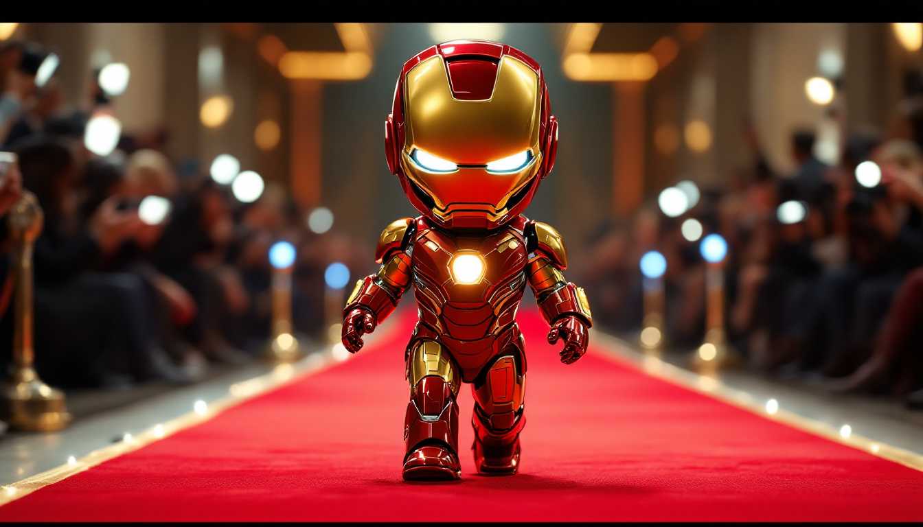 A hyper-realistic photo of a tiny baby Iron Man walking confidently down a luxurious red carpet runway. His iconic suit is gleaming with a glossy, metallic finish, upgraded for the fashion world with intricate gold accents and detailed tech features that glow softly. The crowd in the background is captivated, with camera flashes highlighting the high-fashion armor. Baby Iron Man's tiny helmet retracts, revealing a confident expression, as he struts down the runway, embodying both superhero power and high-end fashion elegance. The lighting focuses on the tiny figure, with reflections bouncing off the shiny surfaces of his suit.