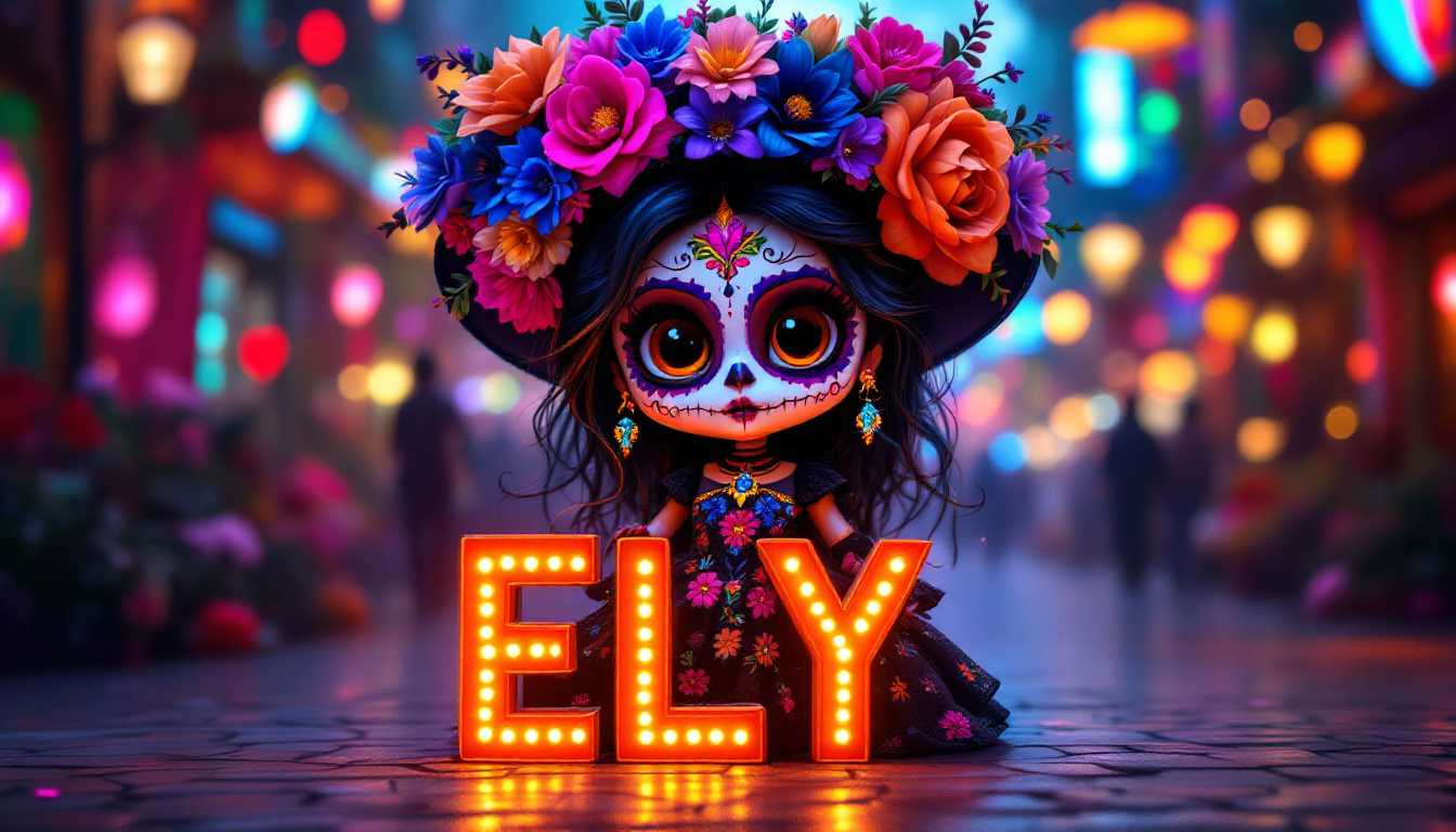 Dia de los Muertos Sugar Skull Doll with Flower Crown, Elly, Halloween Decoration
