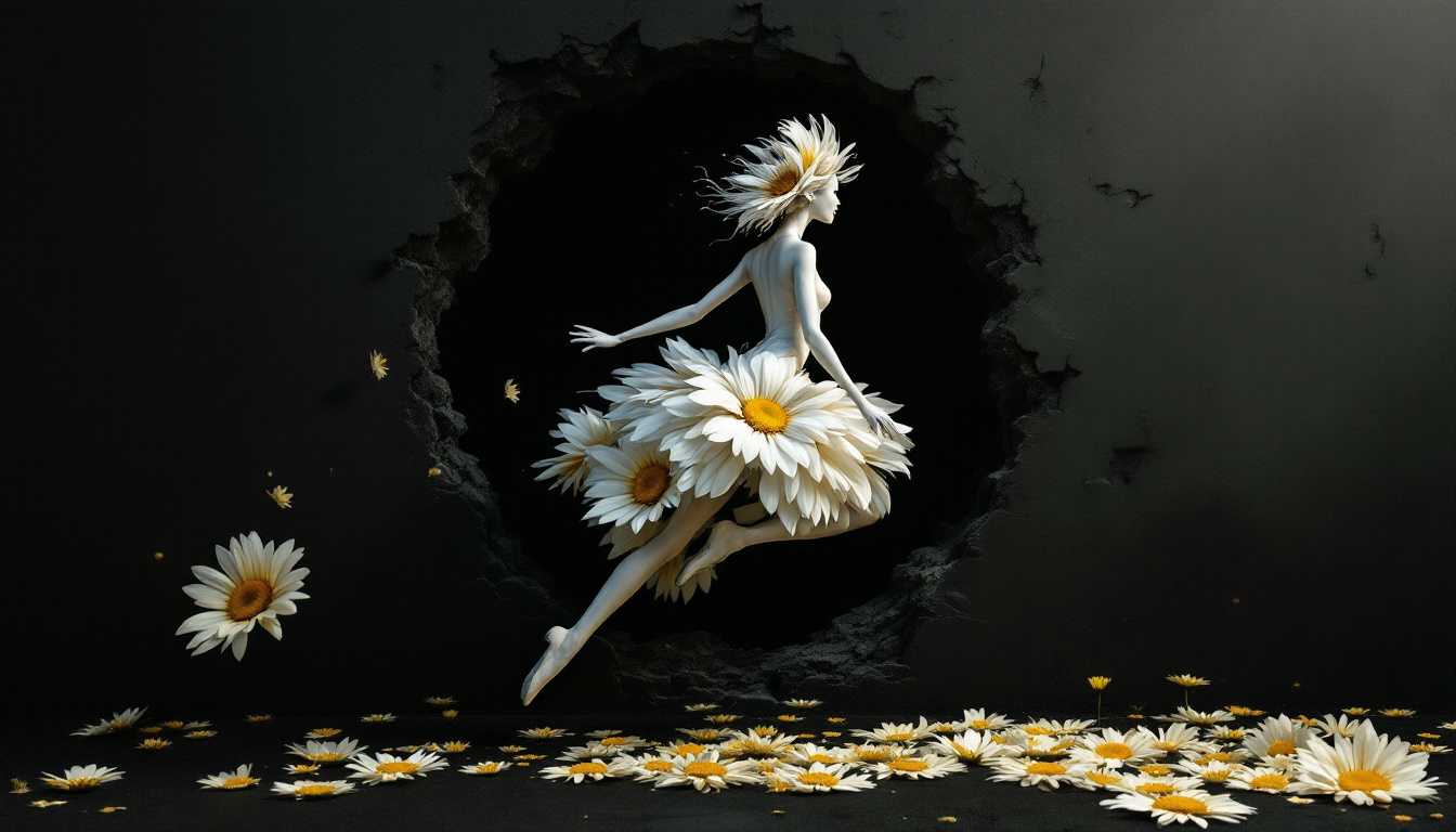 A striking colorful photo of a fashion doll with her entire body painted like a realistic daisy. She is gracefully leaping towards an opening in the wall, her petals unfurling as she moves. The background remains dark, emphasizing the vibrancy of the daisy and the woman's movement. The image exudes a sense of surrealism and artistic expression.