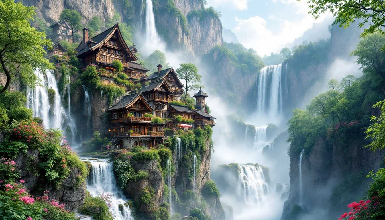 A gigapixel photo of a fantasy waterfall village with traditional-style buildings perched on cliffs. The buildings have sloping roofs and are made of wood. They are surrounded by lush greenery and vibrant flowers. The village is built around massive waterfalls. Mist rises from the cascading water, creating a dreamy and serene atmosphere.