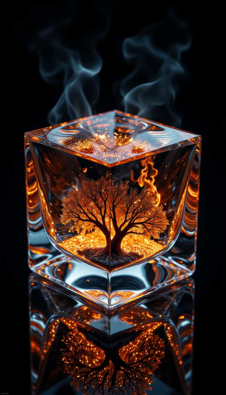 Midjourney_Whisper, aidmaMJ6.1, aidmaimageupgrader, photorealistic,
**Title**: "Ethereal Inferno"

**Description**: 
An awe-inspiring 3D render capturing the surreal image of a blazing tree confined within a perfectly crafted glass whiskey cube, set against a stark black background. The glass cube features pristine, crystal-clear facets that reflect the vibrant flames of the tree, with intricate light refractions that dance across its surfaces. The tree, an artistic representation of an ancient oak, is ablaze with fiery oranges, reds, and yellows, its branches twisting and writhing in the contained inferno. The flames cast a captivating glow that contrasts sharply with the flawless translucency of the glass cube, emphasizing the dynamic interplay between containment and chaos.

**Style**: Photo-realistic 3D visualization

**Composition**: The image is centered, with the cube positioned at eye level, allowing a symmetrical view that highlights the geometric perfection of the cube. The burning tree is slightly off-center within the cube, adding a sense of natural imbalance to the otherwise symmetrical composition.

**Mood and Atmosphere**: The scene conveys a sense of contained chaos and ethereal beauty, balancing the elements of fire and glass within a harmonious yet tense visual narrative. The dark background enhances the luminous intensity of the flames and the glass reflections