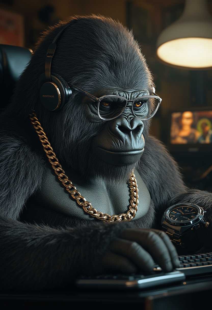 photorealistic image of gorilla with a gold chain, a silver watch and glasses playing on a PC Gamer