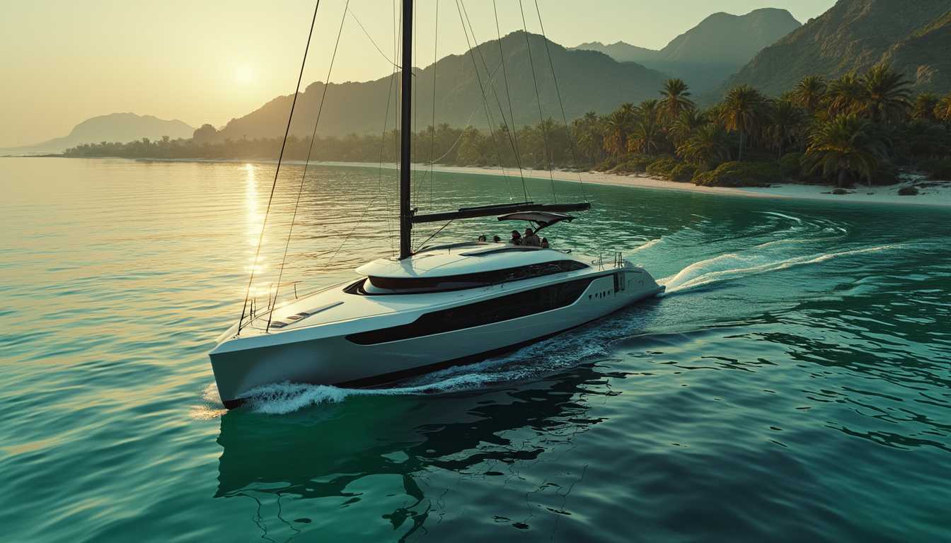 A breathtakingly vivid and cinematic keyframe depicting the sleek, modern solarpunk sailing boat, Perseverance, majestically gliding across the tranquil, emerald-green waters of Abu Dhabi's regenerated coastline, with lush verdant hills and towering palm trees lining the shore. Inspired by the styles of Maciej Kuciara, Jama Jurabaev, and Wojtek Fus, the image exudes a sense of serenity and harmony with nature. The cinematic color grading and lighting evoke a warm, golden hour ambiance, with subtle vignetting and bokeh effects adding depth and dimensionality. Shot with the aesthetic of Kodak Porta 400 and Cinestill 800 film, captured through the lens of a Leica M10 camera, the image is imbued with a nostalgic, filmic quality, complete with shallow depth of field and a sense of wonder.