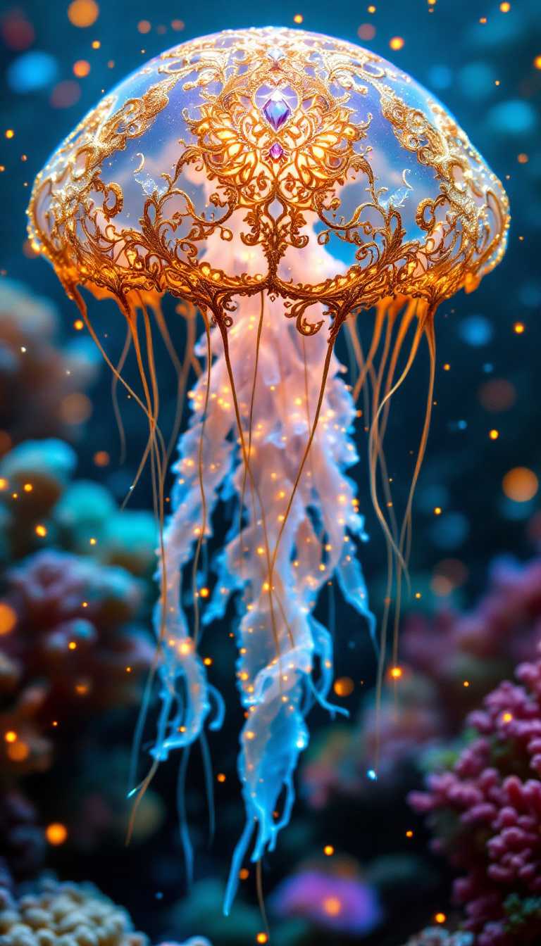 Highly detailed, hyper-realistic, 35mm photograph, shot in 8K, of a mysterious, ghostly jellyfish, radiating a mesmerizing, shiny aura, set against a vibrant, lively coral reef background, teeming with sparkling, iridescent particles, reminiscent of glowing stardust. The jellyfish's translucent, gelatinous body is adorned with intricate, ornate gold filigree, showcasing exquisite, intricate motifs, and organic tracery, evoking the styles of Android Jones, Januz Miralles, and Hikari Shimoda. The image exudes a sense of masterful, award-winning photography, with perfect composition, smooth, sharp focus, and an abundance of natural light, highlighting the delicate, lace-like details of the jellyfish's umbrella-shaped body, and the subtle, shimmering textures of the coral reef. The overall aesthetic is one of ethereal beauty, inviting the viewer to step into an enchanting, otherworldly realm.