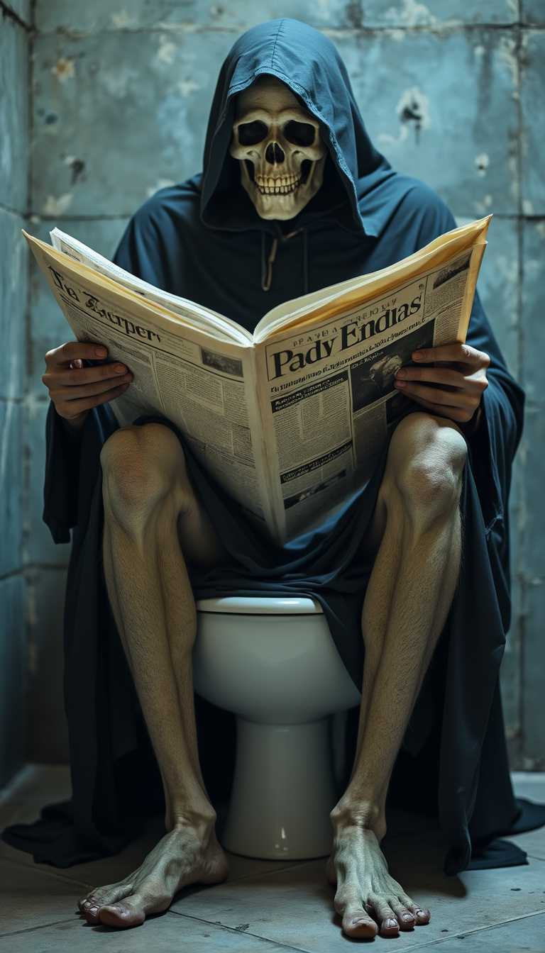 Grim Reaper sitting on the toilet, legs visible, reading the newspaper