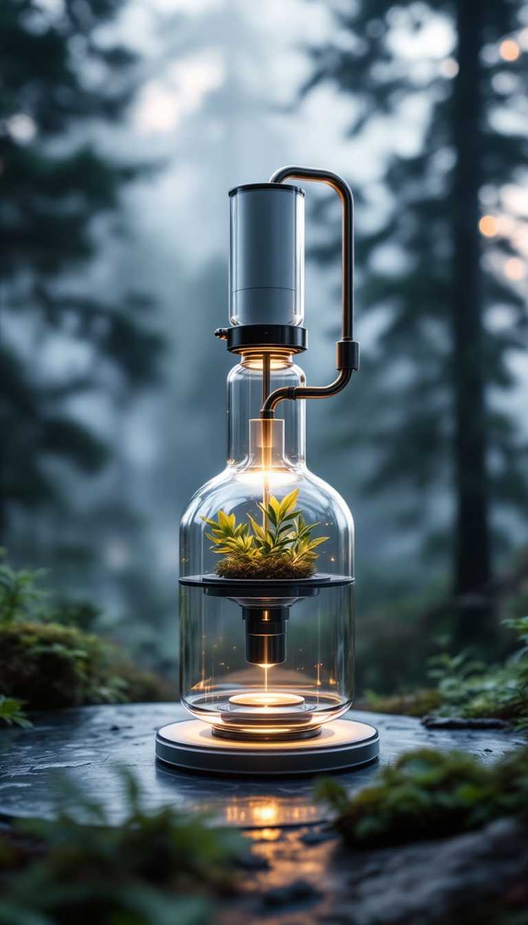 Create an elegant, minimalist, modern distiller for extracting essential oils. The distiller is made from a combination of glass and metal, with a transparent design showcasing the internal processes, where the flow of liquids, and plants being distilled are visible. The glass is smooth and slightly reflective, while the metal elements are polished. The device looks futuristic and functional, with soft ambient light reflecting off its surface. The background is inspired by the clean, futuristic atmosphere of the movie Oblivion - a vast forest landscape with light mist in the background and soft lighting. It conveys a sense of technological progress in harmony with nature.