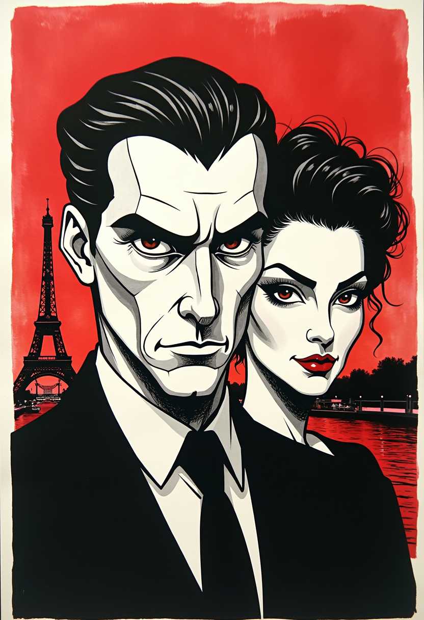 The colors are predominantly black and red, with a few accents of white.  The art style is reminiscent of cubism, with its geometric shapes and simplified forms. The medium appears to be ink, as evidenced by the fine lines and the way the ink has been applied to create the various textures.The image features a male figure in the foreground, who is the focal point. He has a sharp, angular face with pronounced cheekbones and a strong jawline. His hair is slicked back, and he has a serious, almost menacing expression. He is wearing a suit with a tie.Behind the man, there is a woman with a similarly angular face, her hair styled in a short, curly fashion. She is looking directly at the viewer with a piercing gaze. In the background, there is a view of paris.