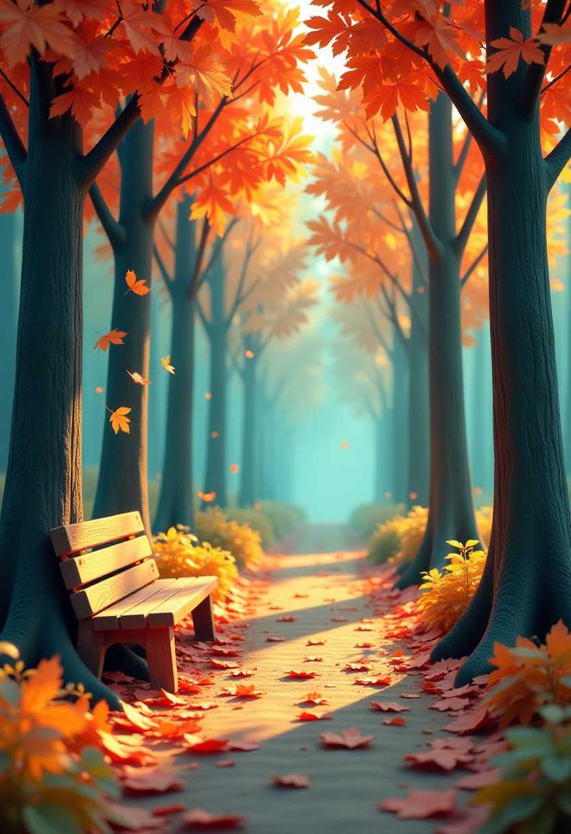 This 3d rendered image features simplified 3d characters and scenery that appears to be painted wooden figures or puppets without strings.The colors are rich and vibrant, with a warm palette dominated by oranges, reds, and yellows. These hues are complemented by the cooler greens and blues of the trunks and the background, creating a striking contrast. The interplay of light and shadow adds to the depth and realism of the scene.The objects in the image include a wooden bench placed on the left side of the frame, inviting the viewer to sit and enjoy the view. The path leading through the forest is lined with fallen leaves, some still clinging to the branches, others scattered across the ground. The trees are tall and straight, with detailed bark textures that add to the realism of the scene. The light filtering through the canopy creates a dappled effect on the path, adding to the magical atmosphere of the setting. Global illumination, Real Engine.