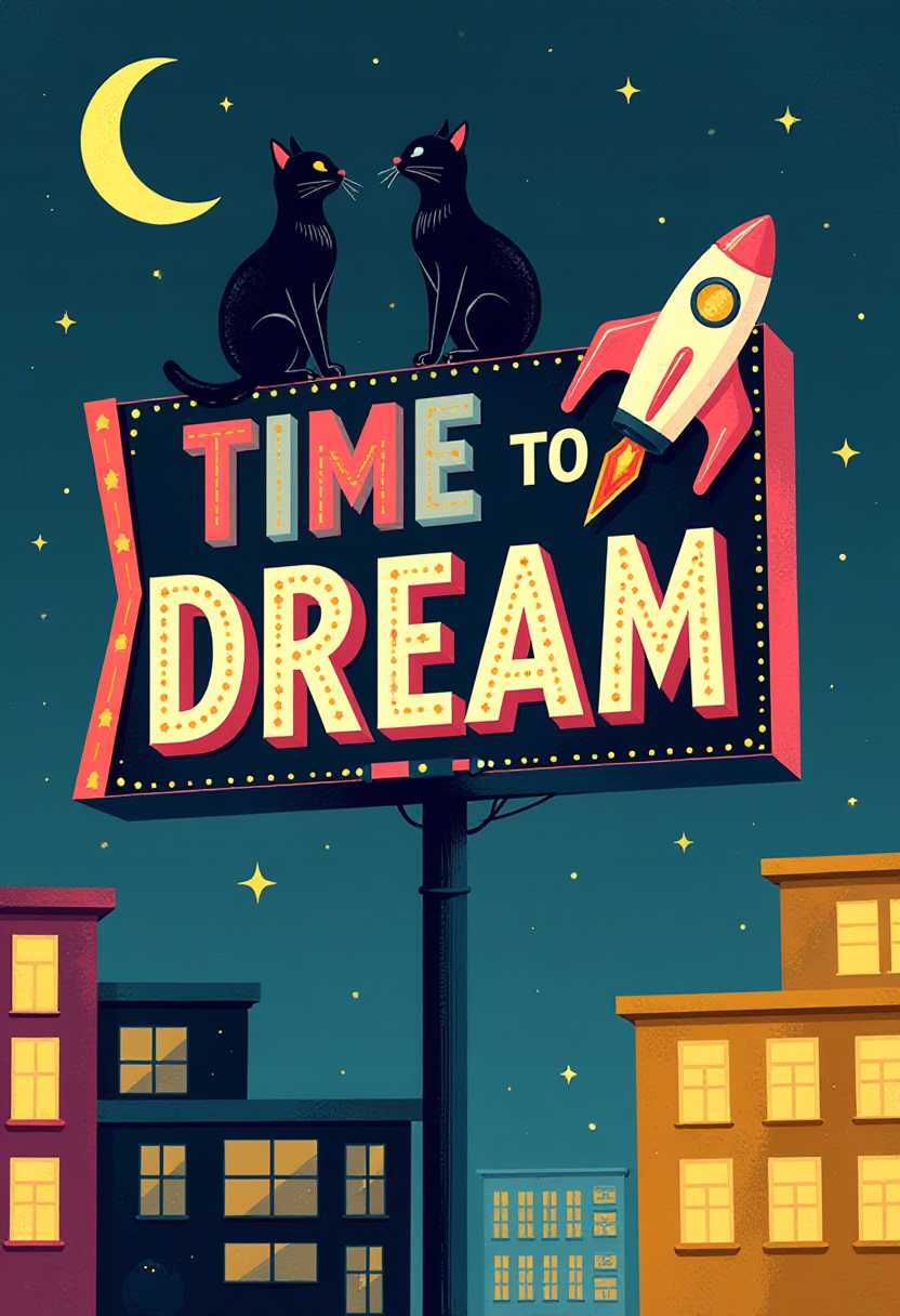 This image is a vibrant and whimsical illustration that captures a nighttime cityscape with a retro aesthetic. The art style is reminiscent of midcentury modern design, with its clean lines, bold colors, and playful elements.The medium appears to be digital, as evidenced by the crisp edges and the seamless blending of colors. The background is a deep navy blue, speckled with stars and a crescent moon, which gives the impression of a starry night sky. The foreground features a cityscape with buildings that are outlined in black and filled with yellow windows, which stand out against the darker blue of the night sky.At the center of the image is a large, threedimensional sign that reads TIME TO DREAM in a mix of uppercase and stylized lowercase letters. The font is bold and playful, with each letter outlined in a different colorpink, orange, light blue, and mustard yellowthat matches the colors of the blocks below the sign. The sign is topped with two black cats facing each other, which adds a touch of charm and whimsy to the design.On the right side of the sign, there is a stylized rocket ship with a pink and white color scheme, which complements the overall retro feel of the image. The rocket is positioned as if it is blasting off into the night sky, further emphasizing the dreamy and adventurous theme of the artwork.The sign also includes an arrow pointing to the right, with the words OPEN 24H written underneath in a smaller font, indicating that the establishment or idea represented by the sign is always open to visitors or dreamers.Overall, the image is a delightful blend of nostalgia and fantasy, inviting viewers to embark on their own dreams and adventures. The use of color, typography, and imagery comes together to create a visually appealing and thematically cohesive piece of art.