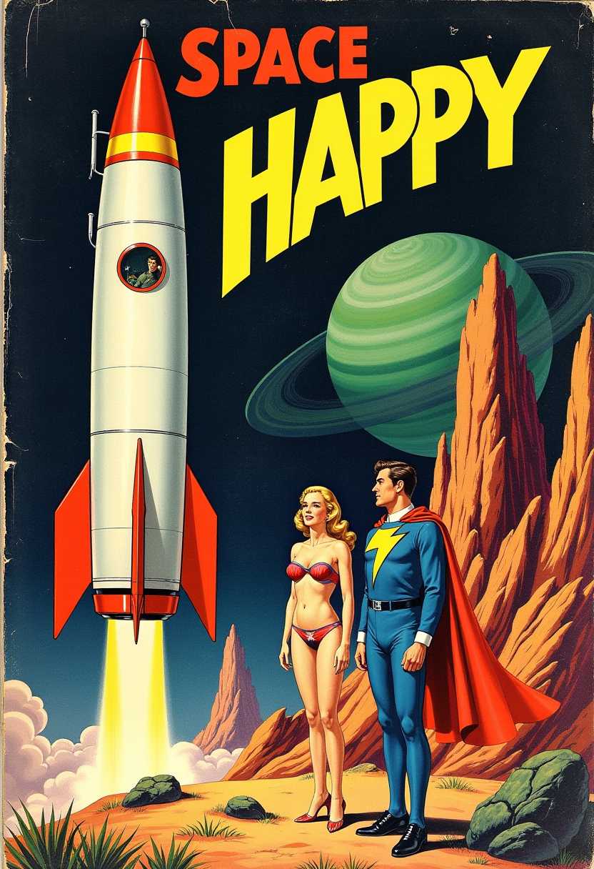 This image is the cover of a vintage Space Happy coloring book. The art style is reminiscent of mid20th century pulp fiction, with a focus on bold lines, bright colors, and exaggerated features that are characteristic of the eras science fiction illustrations. The medium appears to be a combination of lithography and handcoloring, which was common for coloring book covers at the time.The colors are rich and vibrant, with a predominance of red, blue, yellow, and black. The reds and yellows are particularly bright, creating a sense of energy and excitement. The blues and blacks are used to create depth and contrast, giving the scene a threedimensional feel.The objects in the image include a large, detailed rocket ship on the left side of the cover. It has a sleek, streamlined design with a prominent nose cone and a series of circular windows. The rocket is adorned with yellow and green accents, and theres a sense of motion as if its about to blast off. Two astronauts in space suits standing, a man wearing a blue suit with a red cape and a yellow lightning bolt emblem on the chest and a woman wearing a space bikini. In the background, theres a rugged, rocky terrain that suggests an extraterrestrial landscape. The terrain is illuminated by a large, greenishblue planet in the sky, which has rings around it, reminiscent of Saturn. There are also faint stars and celestial bodies in the dark, starry sky, which adds to the space exploration theme of the image.