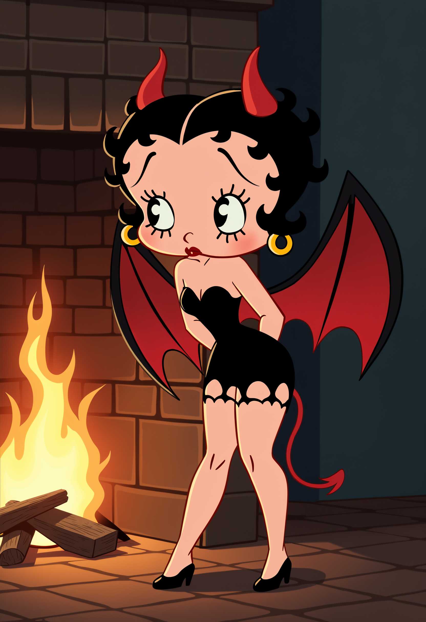 AI-generated image: cartoon 1930s betty boop devil with horns, bat wings