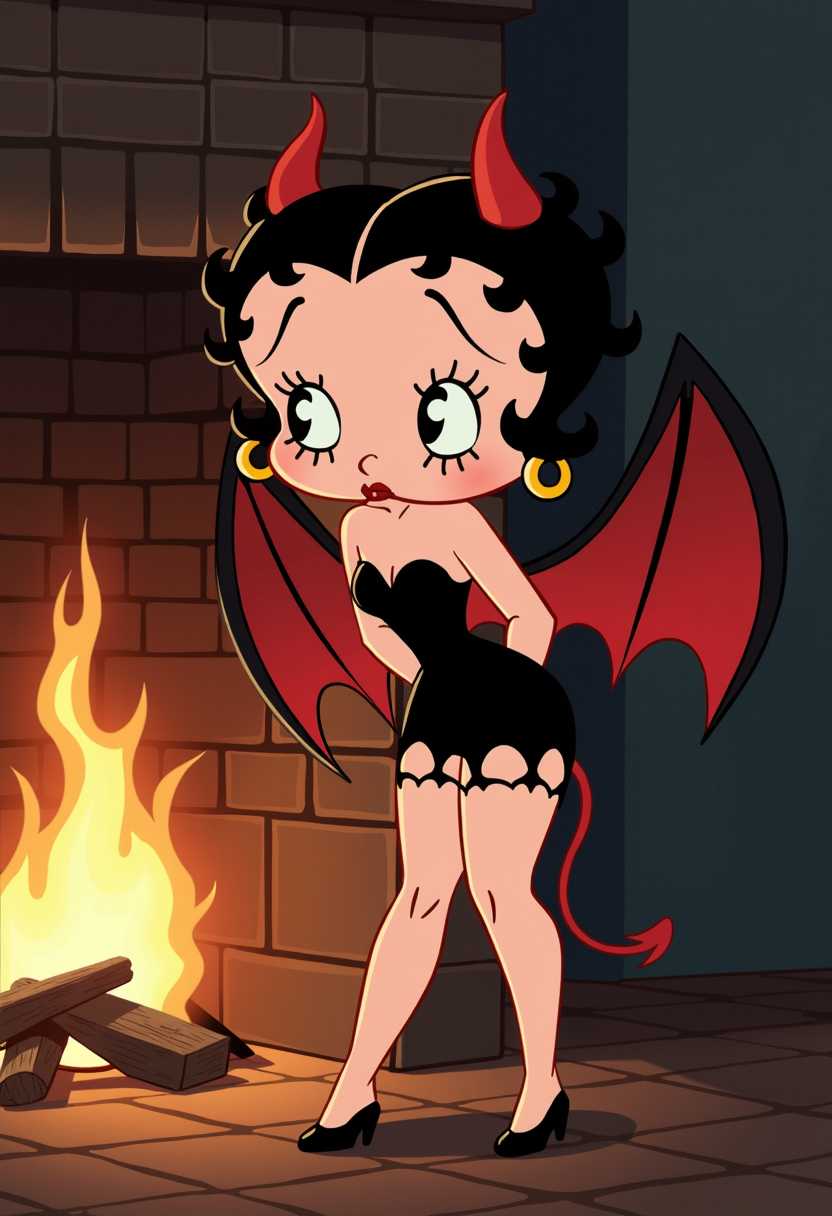 cartoon 1930s betty boop devil with horns, bat wings