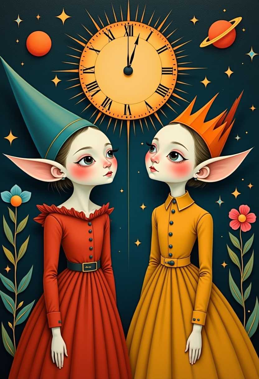 Fantasy Art Two Girls in Hats with a Clock and Stars Background