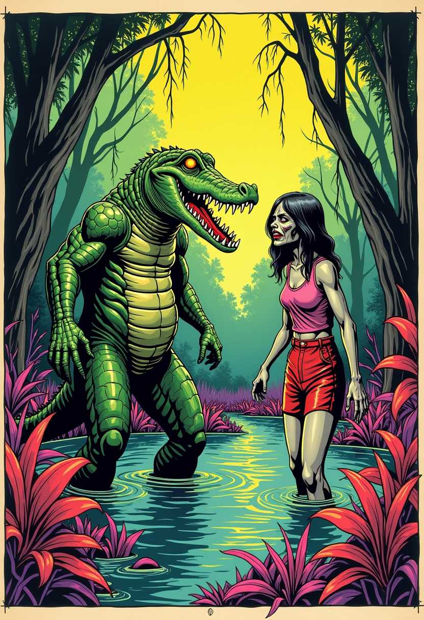 This image is a vintage comic strip panel. The art style is reminiscent of early 20thcentury American comic strips, with bold lines and simple shading. The medium appears to be ink on paper, given the texture and the way the ink bleeds through the paper in some areas. Alligator person, glowing eyes, and attractive zombie girl, both knee-deep in a radioactive swamp surrounded by colorful, but deadly, vegetation. Dramatic lighting.