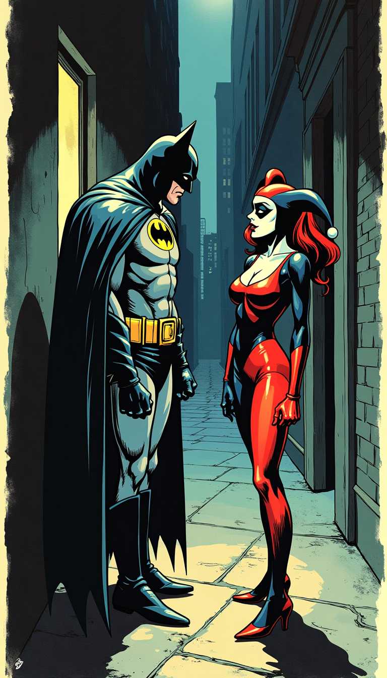 This image is a vintage comic strip panel. The art style is reminiscent of early 20thcentury American comic strips, with bold lines and simple shading. The medium appears to be ink on paper, given the texture and the way the ink bleeds through the paper in some areas. Batman encounters Harley Quinn in a nightclub alley. Dramatic lighting. Tense, moody atmosphere.