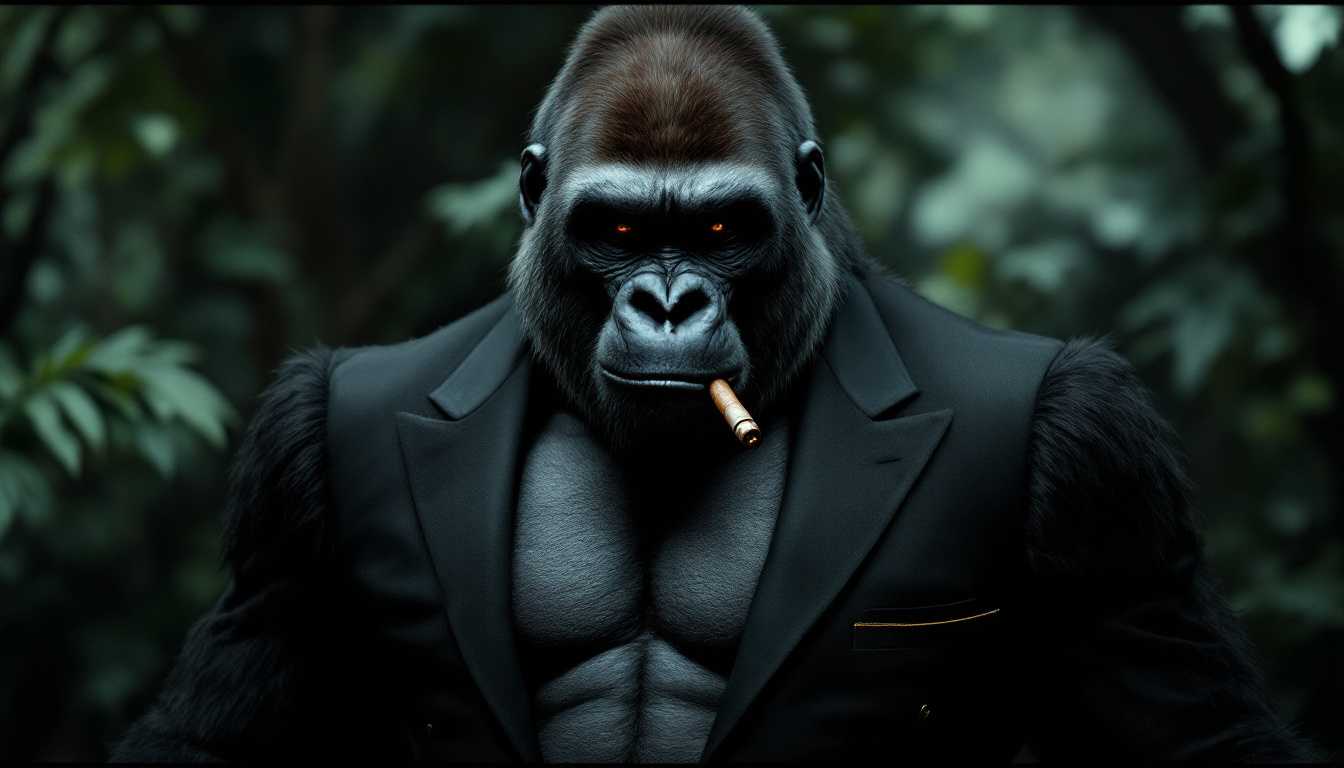 a mafia gorilla with a gorilla head and human body with a six pack and large muscles wearing a black suite with gold trim. make the background a jungle, with a cigar in the gorillas hand, hyper realistic, 4k, show full body from top to bottom.