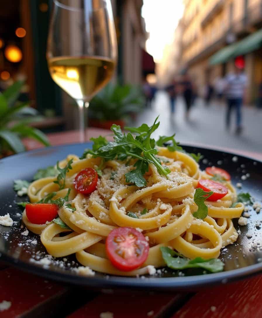 hd, real life photography, super hyper realistic, elegant aesthetic penne pasta plate with arugula, pepper and cherry tomatoes, Parmesan cheese slices, and truffle flakes, on the outside of a restaurant in Barcelona, Spain, street side. Very Barcelona, elegant style with a terracotta and black color palettes, with gold details, focused primarily on the plate, with a kind of blurry background where is showing people passing by during sunset ours. Add a glass of white wine too in the back. Also Add some plants wherever they look good