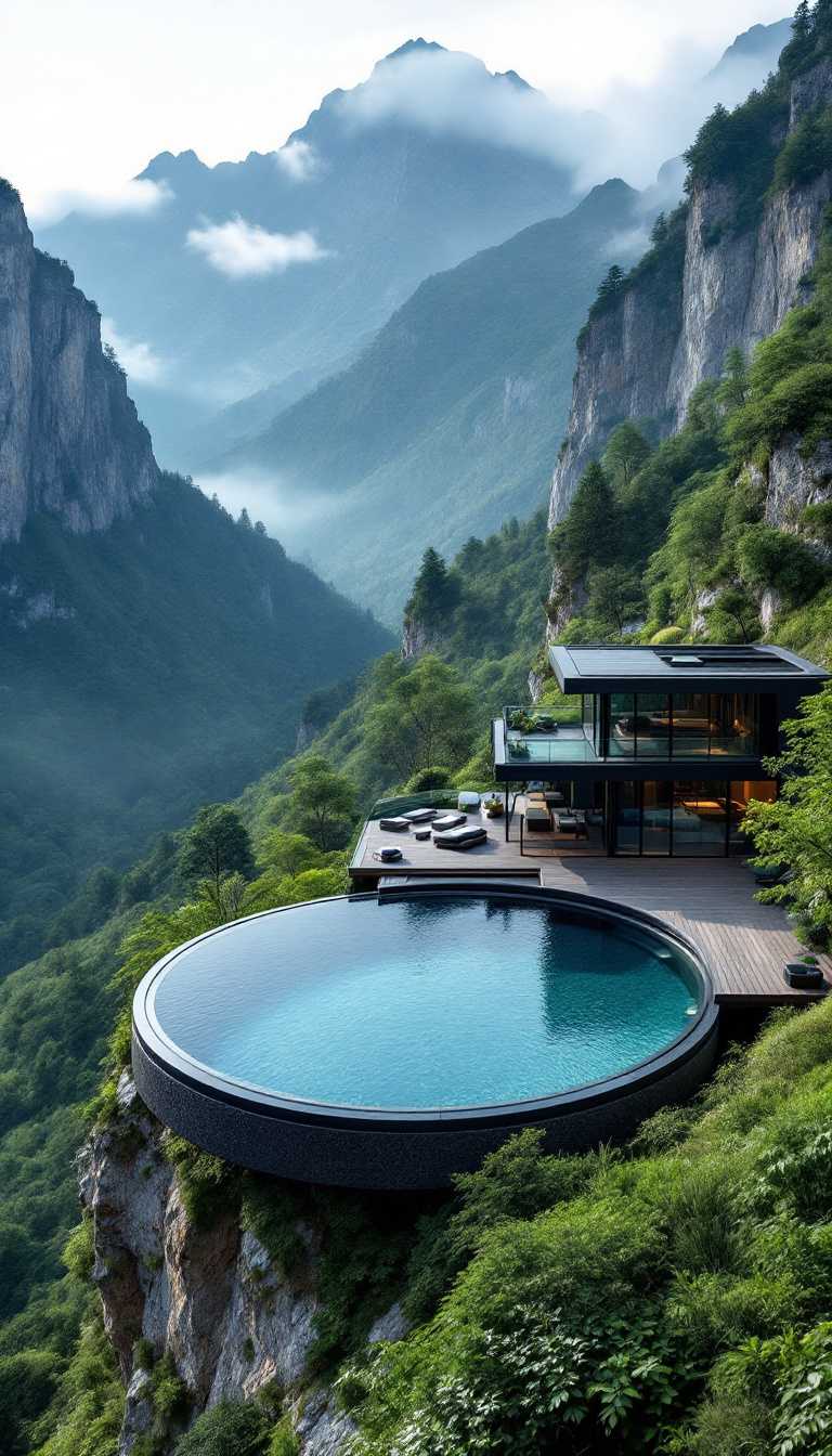 a stunning, modern luxury house situated on a mountainside, surrounded by lush greenery and dramatic landscapes. The structure is sleek, with clean lines and dark tones, blending harmoniously with the natural environment. A circular infinity pool extends from the deck, creating a seamless connection with the valley and mountainous backdrop. The water’s edge reflects the sky, adding a sense of serenity and openness to the scene. The surrounding landscape features tall cliffs, dense forests, and misty mountain peaks, evoking a tranquil and secluded atmosphere. The combination of modern architecture and breathtaking nature makes the scene particularly striking and serene.