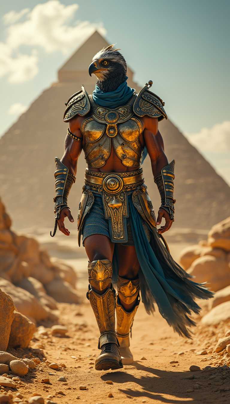 Egyptian Warrior in Gold Armor and Feathered Hood, Standing in Front of Pyramid