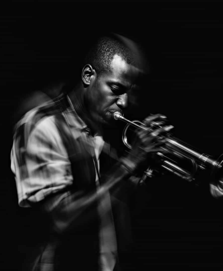 Blurred Jazz Trumpet Player in Black and White