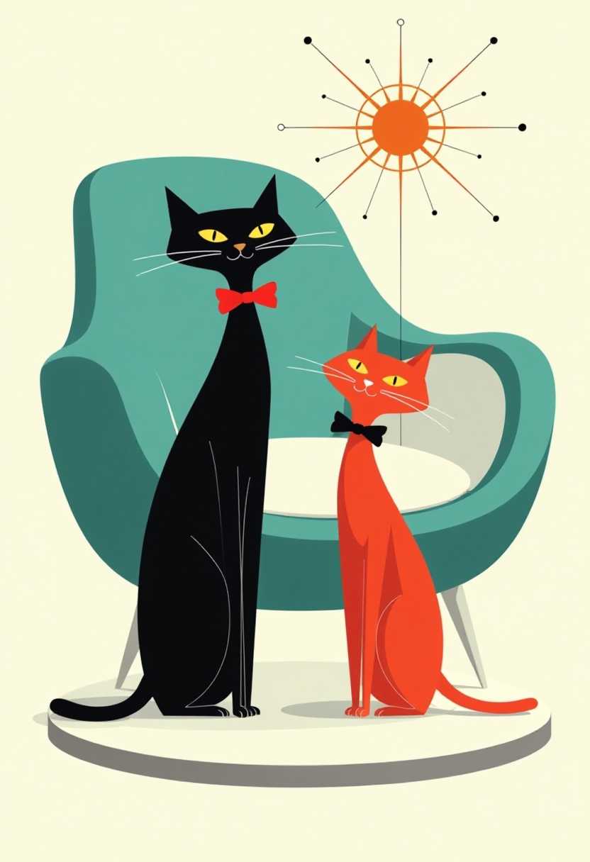 Stylish Illustration of Two Cats in a Modern Living Room