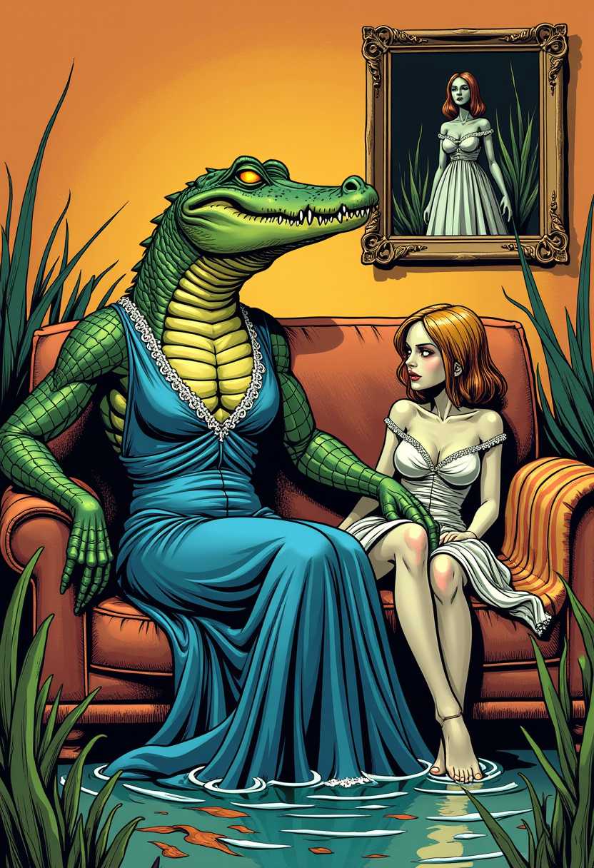 This image is a vintage comic strip panel. The art style is reminiscent of early 20thcentury American comic strips, with bold lines and simple shading. The medium appears to be ink on paper, given the texture and the way the ink bleeds through the paper in some areas. Alligator person, glowing eyes, and attractive zombie girl, both knee-deep in a radioactive swamp surrounded by colorful, but deadly, vegetation. Dramatic lighting. The use of light and shadow is skillfully executed, creating a threedimensional effect on the subjects body and the surrounding objects.The colors in the image are warm and vibrant, with a predominance of oranges, yellows, and browns that give the scene a cozy and inviting atmosphere. The subject is wearing a blue dress with a deep neckline and lace detailing, which stands out against the warm background. The dress has a satiny texture, and the lace is delicately rendered, with the light catching on the edges and highlights.The subject is seated on a couch with a patterned throw blanket, which adds texture and depth to the scene. The couchs design is simple yet elegant, with a straight back and a curved armrest. The throw blanket has stripes in shades of orange, blue, and white, which complement the subjects dress and the overall color scheme of the image.In the background, there is a framed painting on the wall, which depicts a scene with a figure in a flowing dress, adding to the vintage ambiance of the setting. The frame of the painting is ornate, with intricate detailing that suggests a sense of antiquity.