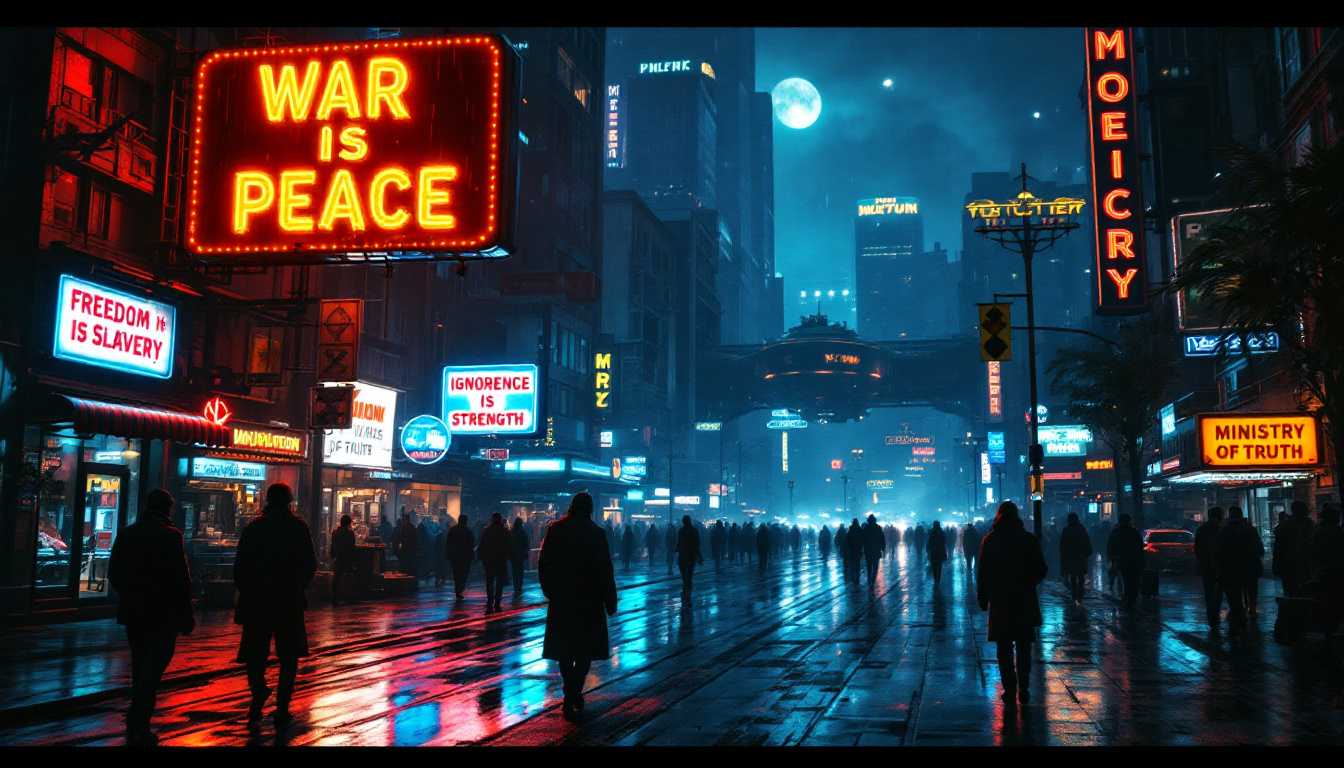 A surreal, dreamlike cinematic scene unfolds in an eerie technocratic American city, enveloped by the shadows of night. The atmosphere is set in a dieselpunk sci-fi fantasy environment, where neon signs blaze with cryptic warnings: an orange sign stating "War is Peace" a blue sign proclaiming, "Freedom is Slavery," and a yellow neon sign urging "Ignorance is Strength,". a yellow neon sign urging "Ministry of Truth,". These signs cast a vivid electric glow against the backdrop of the city. Captured in a wide cinematic 4K HDR composition, the bustling city square becomes a focal point, veiled under a dramatic and moody night sky.

The recent rain paints the asphalt with a mirror-like sheen, reflecting the myriad of city lights that dance across its surface, introducing a mystique and depth to the urban sprawl. Citizens populate the streets, moving through a setting that combines the bizarre with the extraordinary—bewildered figures navigating amidst the city's nonsensical architecture and enigmatic ambiance. Suspended in the air, drones equipped with LED lights and cameras survey the square, adding an element of tension and surveillance.

The cityscape presents a chaotic juxtaposition of surreal objects, towering skyscrapers, and serpentine roads that coil into shadowy alleyways and unexpected squares. juxaposition of surreal objects, 