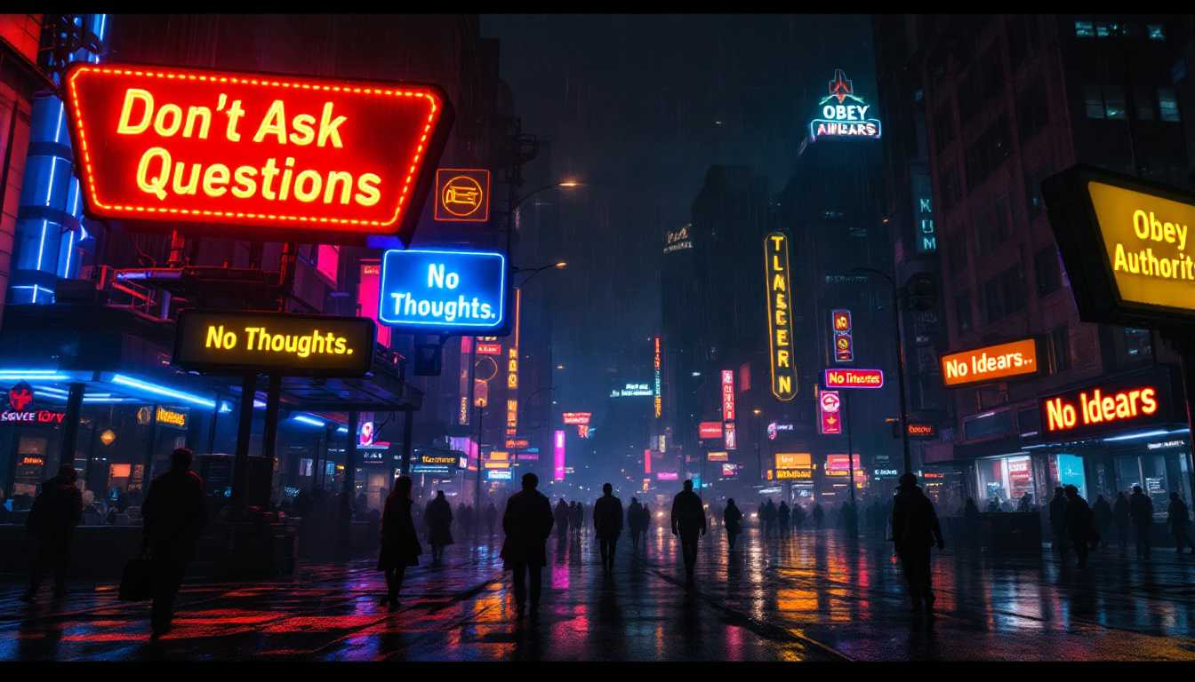 A surreal, dreamlike cinematic scene unfolds in an eerie technocratic American city, enveloped by the shadows of night. The atmosphere is set in a dieselpunk sci-fi fantasy environment, where neon signs blaze with cryptic warnings: an orange sign stating "
Dont Ask Questions. " a blue sign proclaiming, "No Thoughts," and a yellow neon sign urging "Obey Authority.,". a yellow neon sign urging "No Idears,". These signs cast a vivid electric glow against the backdrop of the city. Captured in a wide cinematic 4K HDR composition, the bustling city square becomes a focal point, veiled under a dramatic and moody night sky.

The recent rain paints the asphalt with a mirror-like sheen, reflecting the myriad of city lights that dance across its surface, introducing a mystique and depth to the urban sprawl. Citizens populate the streets, moving through a setting that combines the bizarre with the extraordinary—bewildered figures navigating amidst the city's nonsensical architecture and enigmatic ambiance. Suspended in the air, drones equipped with LED lights and cameras survey the square, adding an element of tension and surveillance.

The cityscape presents a chaotic juxtaposition of surreal objects, towering skyscrapers, and serpentine roads that coil into shadowy alleyways and unexpected squares. juxaposition of surreal objects, 