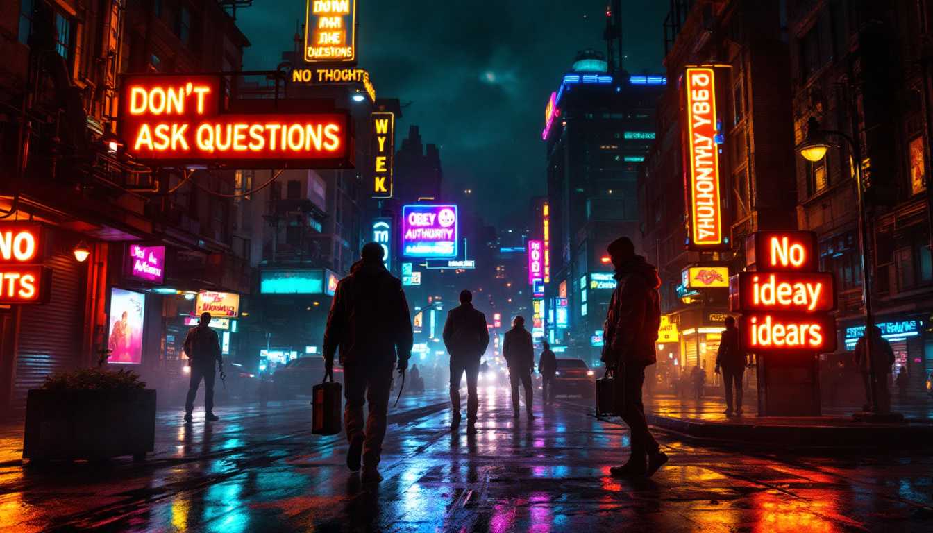 A surreal, dreamlike cinematic scene unfolds in an eerie technocratic American city, enveloped by the shadows of night. The atmosphere is set in a dieselpunk sci-fi fantasy environment, where neon signs blaze with cryptic warnings: an orange sign stating "
Dont Ask Questions. " a blue sign proclaiming, "No Thoughts," and a yellow neon sign urging "Obey Authority.,". a yellow neon sign urging "No Idears,". These signs cast a vivid electric glow against the backdrop of the city. Captured in a wide cinematic 4K HDR composition, the bustling city square becomes a focal point, veiled under a dramatic and moody night sky.

The recent rain paints the asphalt with a mirror-like sheen, reflecting the myriad of city lights that dance across its surface, introducing a mystique and depth to the urban sprawl. Citizens populate the streets, moving through a setting that combines the bizarre with the extraordinary—bewildered figures navigating amidst the city's nonsensical architecture and enigmatic ambiance. Suspended in the air, drones equipped with LED lights and cameras survey the square, adding an element of tension and surveillance.

The cityscape presents a chaotic juxtaposition of surreal objects, towering skyscrapers, and serpentine roads that coil into shadowy alleyways and unexpected squares. juxaposition of surreal objects, 