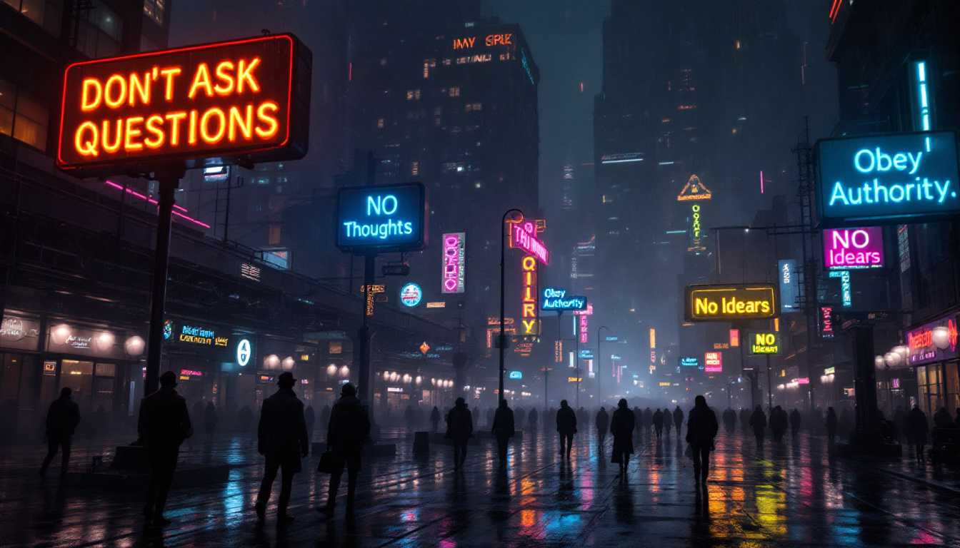 A surreal, dreamlike cinematic scene unfolds in an eerie technocratic American city, enveloped by the shadows of night. The atmosphere is set in a dieselpunk sci-fi fantasy environment, where neon signs blaze with cryptic warnings: an orange sign stating "
Dont Ask Questions. " a blue sign proclaiming, "No Thoughts," and a yellow neon sign urging "Obey Authority.,". a yellow neon sign urging "No Idears,". These signs cast a vivid electric glow against the backdrop of the city. Captured in a wide cinematic 4K HDR composition, the bustling city square becomes a focal point, veiled under a dramatic and moody night sky.

The recent rain paints the asphalt with a mirror-like sheen, reflecting the myriad of city lights that dance across its surface, introducing a mystique and depth to the urban sprawl. Citizens populate the streets, moving through a setting that combines the bizarre with the extraordinary—bewildered figures navigating amidst the city's nonsensical architecture and enigmatic ambiance. Suspended in the air, drones equipped with LED lights and cameras survey the square, adding an element of tension and surveillance.

The cityscape presents a chaotic juxtaposition of surreal objects, towering skyscrapers, and serpentine roads that coil into shadowy alleyways and unexpected squares. juxaposition of surreal objects, 