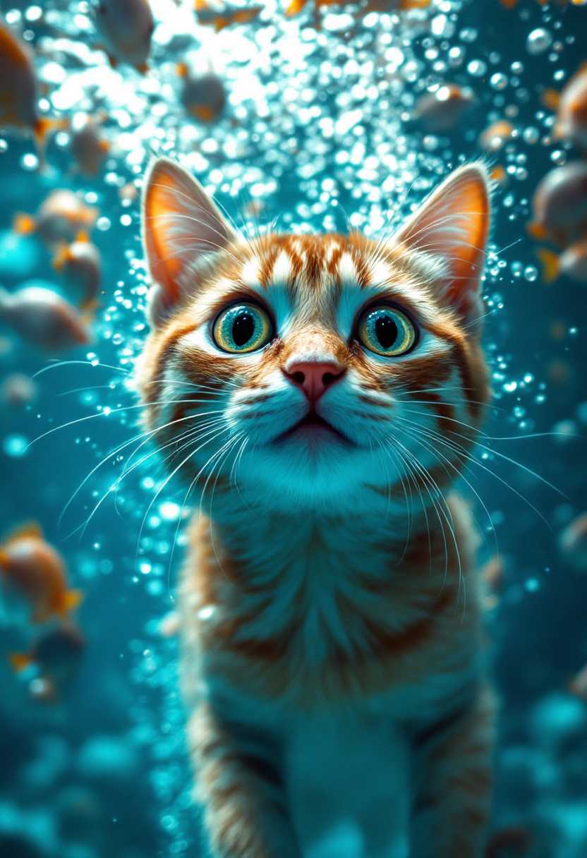 A cinematic shot of a cat diving headfirst into the water. The cat's eyes are wide with surprise, and its fur is rendered with incredible detail and textural depth. The surrounding water is teeming with panicked fish, their scales glistening in the beautiful, natural light that filters through the water's surface. The post-processing enhances the overall visual impact, emphasizing the cat's expressions and the underwater world's beauty. The lighting and shadows create a vibrant atmosphere. The close-up shot captures the intricate details of the cat's facial features. The high-contrast lighting emphasizes the cat's eyes.