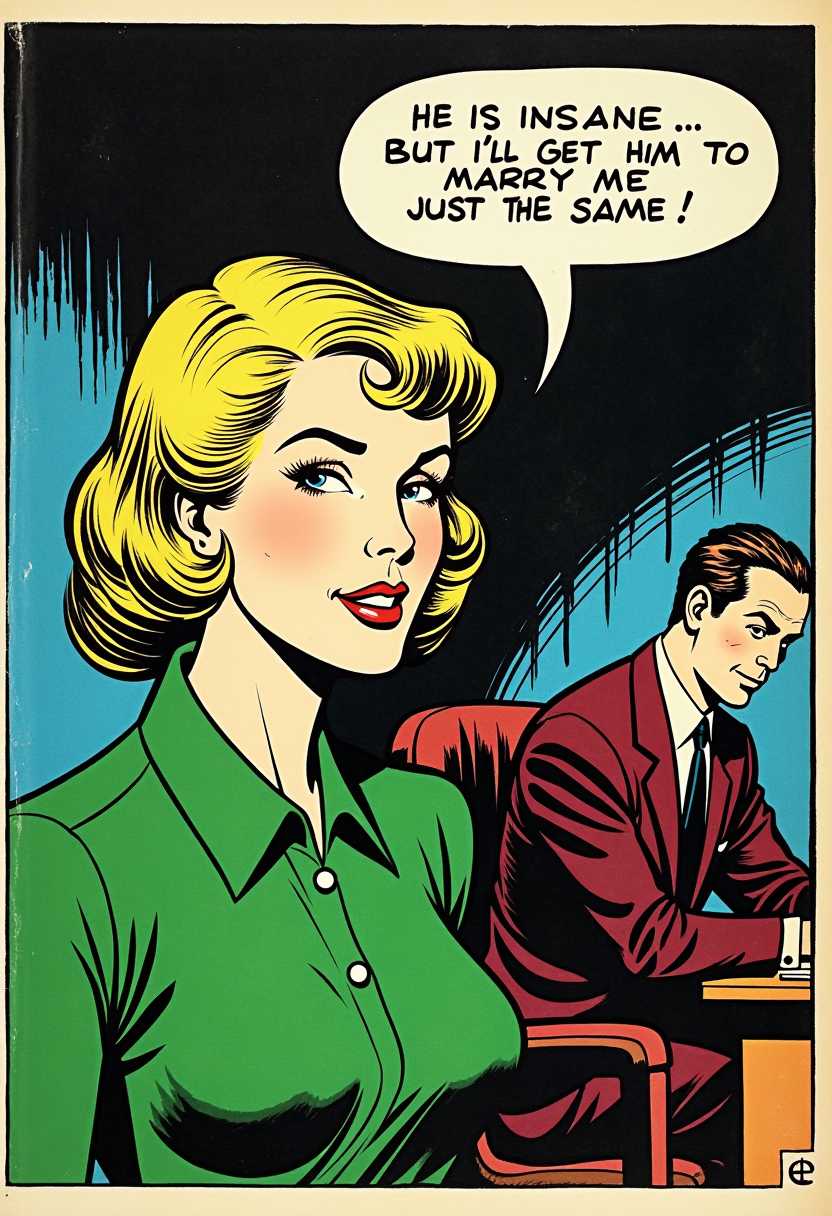This image is a vintage comic strip panel, characterized by its bold lines, flat colors, and a style that is reminiscent of the 1950s and 1960s American comic book art. The medium appears to be ink on paper, with the colors likely being applied with paints or markers after the drawing was completed.The colors in the image are quite limited, with a predominance of black, white, and shades of green. The womans hair is a blonde color, which stands out against the darker background. The mans suit is a deep maroon, and the womans clothing is a shade of green with a lighter green collar.In the foreground, there is a woman with short, wavy blonde hair, styled in a manner that is reminiscent of the hairstyles popular during the mid20th century. She is wearing a green dress with a high collar and a fitted bodice, which is also characteristic of the fashion of the time. Her expression is one of determination or perhaps cunning, as she is looking off to the side with a slight smirk on her lips.Her speech bubble says, HE IS INSANE... BUT I'LL GET HIM TO MARRY ME JUST THE SAME! Behind the woman, there is a man in a dark maroon suit, seated at a desk. His posture is slumped forward, and his attention is directed towards something outside of the frame. The mans face is not visible, which adds to the enigmatic quality of the scene.The background is a simple, dark blue with a few lines that suggest a shadow or a reflection, giving the impression that the scene is taking place in an indoor setting. The overall composition of the image, with the woman in the foreground and the man in the background, creates a sense of narrative tension or a juxtaposition of emotions.