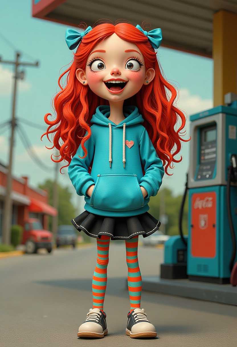 Naïve art, outsider art, razzle dazzle, Mish mash of art styles, funk art. This image features simplified cartoon 3d characters and scenery that appears to be painted wooden figures or puppets without strings. .The lady has long, curly red hair tied with two blue ribbons, one on each side of her head. Her hair is styled in a way that it flows freely around her face and neck, with some strands sticking out in various directions.She is wearing a casual outfit consisting of a blue hoodie with a white stripe down the center, a black skirt that flares out at the bottom, and colorful striped leggings underneath. The hoodie has a relaxed fit and is buttoned up to the top button. The skirt is short and has a ruffled hemline, giving it a playful and youthful appearance. The leggings are multicolored, with stripes in shades of orange, green, and blue.Hands in pockets. Her left foot is slightly lifted off the ground, and her toes are curled inwards, suggesting a sense of movement or readiness.The ladys facial expression is animated, with her mouth wide open as if she is midlaugh or making a loud noise. Her cheeks are flushed, and there is a rosy blush on her cheeks and forehead. The background is an urban gas station. 