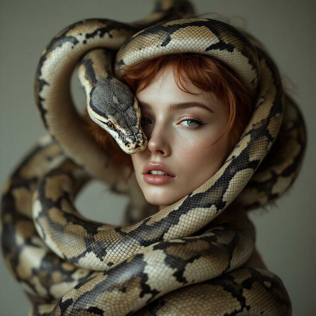 iris_gesicht, photo of A striking visual of a 40yo woman intertwined with a large snake, its curved neck delicately framing her face. short red fuzzy hair. The gentle interaction between the human and animal creates an image of serenity and grace. The lighting is soft, producing a surreal, fashion shoot, 