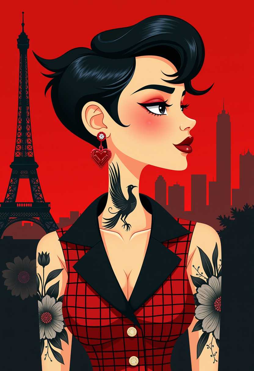 This image features simplified cartoon 3d characters and scenery that appears to be painted wooden figures or puppets without strings. The colors are predominantly black and red, with a few accents of white.  The art style is reminiscent of cubism, with its geometric shapes and simplified forms. The figure is wearing a black and white checkered garment that gives off a modern and edgy vibe. The collar is a classic black lapel with a white button, which adds a touch of sophistication to the overall look. The figures hair is styled in a short, spiky fashion, with the tips curling outward, giving it a sense of movement and dynamism. The earrings are simple yet chic, with a black and white color scheme that matches the figures outfit.In the background, there is a view of paris.

The red background sets a dramatic tone, while the black hair and tattoos provide a stark contrast. The subjects attire is a formfitting red dress that hugs her figure closely, suggesting a sense of confidence and poise.The subjects hairstyle is short and modern, with a side parting that gives it a sleek, almost androgynous appearance. The hair is a deep black with a slight sheen, indicating a glossy finish. The subjects ears are adorned with a pair of red earrings with a heart shape and a diamondlike stone in the center, adding a touch of elegance.On her neck, there is a tattoo that features a stylized bird, possibly a phoenix, which is a symbol of rebirth and transformation. The tattoo is intricate, with a lot of detail and shading that gives it a threedimensional effect. The bird is depicted in midflight, with wings outstretched and tail feathers spread.On her left arm, there is a tattoo that covers the entire upper arm. It features a large, detailed floral design with a lot of intricate petals and leaves. The flowers are predominantly in shades of black and gray, with some highlights that give them a realistic texture and depth.The subjects skin is depicted with a soft peach tone, which stands out against the red dress and the black tattoos. The skin is smooth and without blemishes, with a subtle blush on the cheeks and a hint of rosy color on the lips.