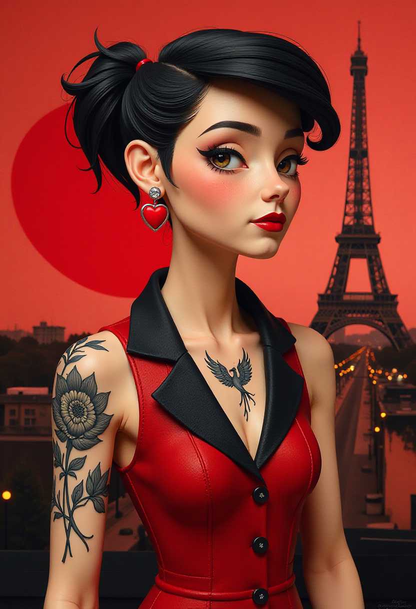 This image features simplified cartoon 3d characters and scenery that appears to be painted wooden figures or puppets without strings. The colors are predominantly black and red, with a few accents of white.  The art style is reminiscent of cubism, with its geometric shapes and simplified forms. The figure is wearing a black and white checkered garment that gives off a modern and edgy vibe. The collar is a classic black lapel with a white button, which adds a touch of sophistication to the overall look. The figures hair is styled in a short, spiky fashion, with the tips curling outward, giving it a sense of movement and dynamism. The earrings are simple yet chic, with a black and white color scheme that matches the figures outfit.In the background, there is a view of paris.

The red background sets a dramatic tone, while the black hair and tattoos provide a stark contrast. The subjects attire is a formfitting red dress that hugs her figure closely, suggesting a sense of confidence and poise.The subjects hairstyle is short and modern, with a side parting that gives it a sleek, almost androgynous appearance. The hair is a deep black with a slight sheen, indicating a glossy finish. The subjects ears are adorned with a pair of red earrings with a heart shape and a diamondlike stone in the center, adding a touch of elegance.On her neck, there is a tattoo that features a stylized bird, possibly a phoenix, which is a symbol of rebirth and transformation. The tattoo is intricate, with a lot of detail and shading that gives it a threedimensional effect. The bird is depicted in midflight, with wings outstretched and tail feathers spread.On her left arm, there is a tattoo that covers the entire upper arm. It features a large, detailed floral design with a lot of intricate petals and leaves. The flowers are predominantly in shades of black and gray, with some highlights that give them a realistic texture and depth.The subjects skin is depicted with a soft peach tone, which stands out against the red dress and the black tattoos. The skin is smooth and without blemishes, with a subtle blush on the cheeks and a hint of rosy color on the lips.