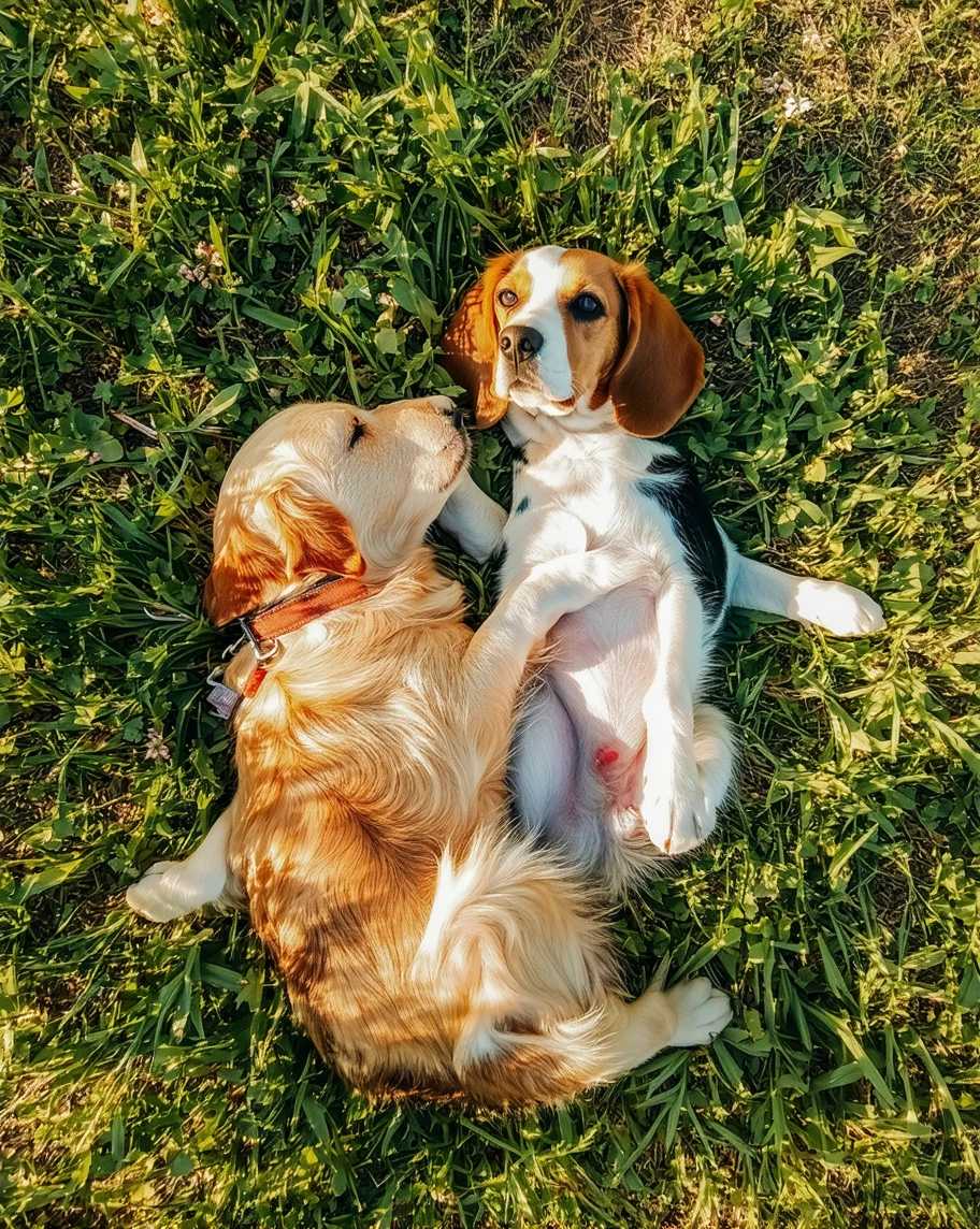 **Prompt:** A heartwarming portrait of two playful dogs lounging together on a lush green lawn. The golden retriever, with its shimmering coat reflecting delicate afternoon sunlight, rests alongside a lively brown and white beagle. Soft blades of grass tickle their paws as dappled light filters through the overhead leaves, creating a comforting, warm aura. The scene captures the essence of a serene, late summer day, with hints of flowers lightly swaying in the gentle breeze. The camera is angled slightly above eye level, focusing on the dogs' expressive, joyful faces that exude a sense of companionship and contentment. Rendered in a naturalistic style, the image uses soft focus and a warm color palette to enhance the tender atmosphere. Shadows play subtly on the ground, reinforcing the tranquil mood and setting.