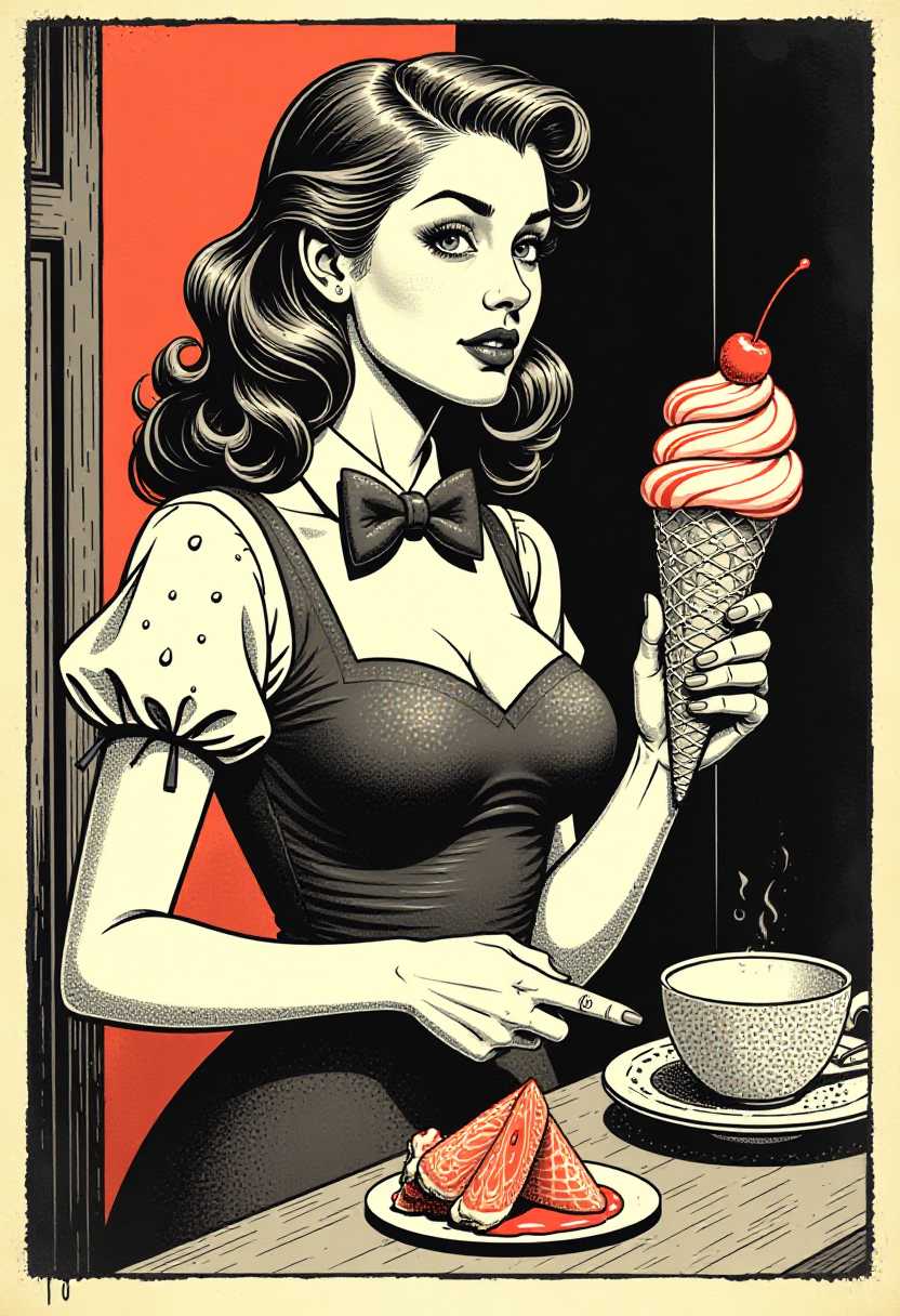 This image is a stylized illustration that appears to be in a comic book or pop art genre. The medium seems to be a digital or traditional print with a vintage or retro aesthetic, given the texture and color palette.The art style is reminiscent of mid20th century American comic books, with a nod to pulp fiction covers. The illustration is in black and white with a sepia tone, which gives it a nostalgic and somewhat eerie feel. The use of halftone dots and stippling is evident, which is characteristic of this style.The colors are limited, primarily consisting of black, white, and shades of red and orange. The reds and oranges are used sparingly, mainly on the subjects bow tie and the ice cream cone, which adds a pop of color to the otherwise monochromatic scheme.The subject of the image is a teenage lady dressed in a prom dress. The figure is depicted in a dynamic pose, with one arm extended and the other bent at the elbow, as if in the act of serving or offering something. The figure is holding an ice cream cone with a scoop of ice cream on top, garnished with what appears to be a cherry and a swirl of red sauce that could be strawberry or cherry syrup. The ice cream cone is detailed with a pattern of dots and lines, giving it a textured appearance.The background is minimalistic, with a dark outline that suggests a window or frame. 