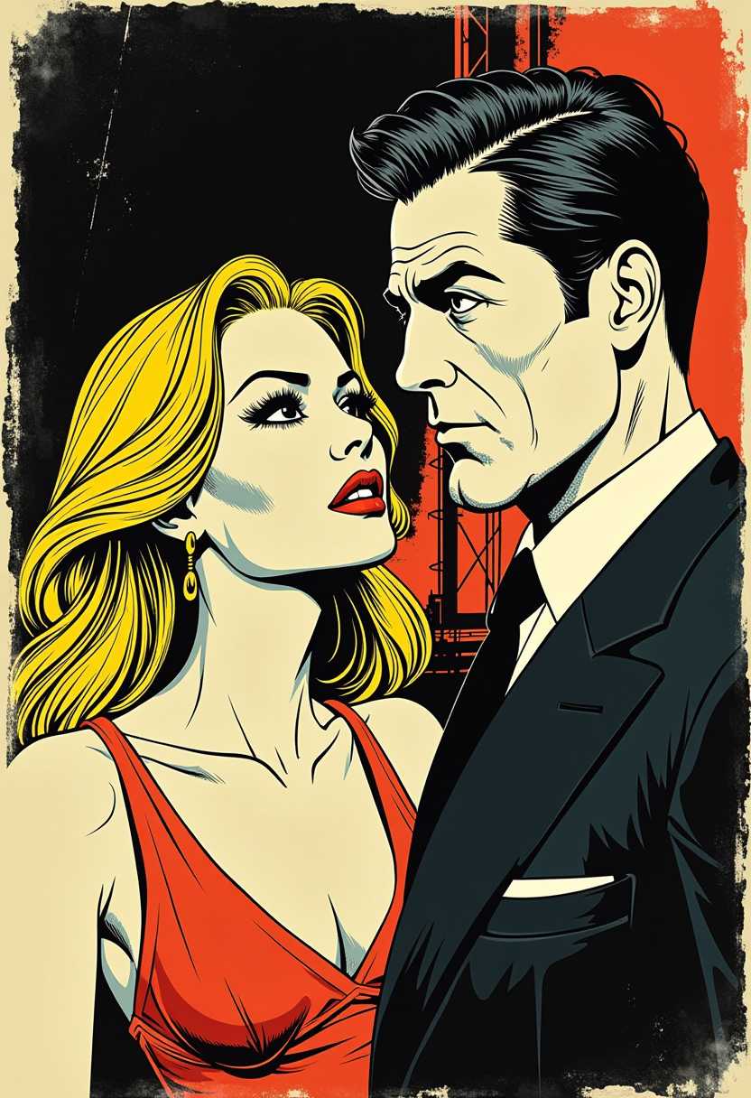This image is a stylized illustration that appears to be in a comic book or pop art genre. The medium seems to be a digital or traditional print with a vintage or retro aesthetic, given the texture and color palette.The art style is reminiscent of mid20th century American comic books, with a nod to pulp fiction covers. The illustration is in black and white with a sepia tone, which gives it a nostalgic and somewhat eerie feel. The use of halftone dots and stippling is evident, which is characteristic of this style.The colors are limited, primarily consisting of black, white, and shades of red and orange. This is an illustration that features a male and female figure. The art style is reminiscent of comic book art, with bold outlines and flat areas of color. The medium appears to be ink, as evidenced by the thick, black strokes that define the shapes and textures of the figures and the background.The male figure is on the right side of the image, with his head turned slightly to the left, giving him a profile view. He has a strong jawline, a furrowed brow, and a determined expression. His hair is dark and swept back, and he is wearing a suit with a tie and a pocket square. The suit jacket is detailed with a lighter shade of color, and the lapel is slightly raised, giving the impression of movement or a breeze.The female figure is on the left side of the image, with her head turned slightly to the right, giving her a profile view as well. She has long, flowing blonde hair and a confident, alluring expression. Her eyes are almondshaped with thick, black eyeliner and mascara, and her lips are painted a deep shade of red. She is wearing a dress with a plunging neckline and a fitted bodice, with a flared skirt that ends just above her knees.The background is a simple, abstract composition of black and yellow brush strokes that give the impression of a night sky or a cityscape. The black strokes are thick and textured, while the yellow strokes are more fluid and lighter in tone.