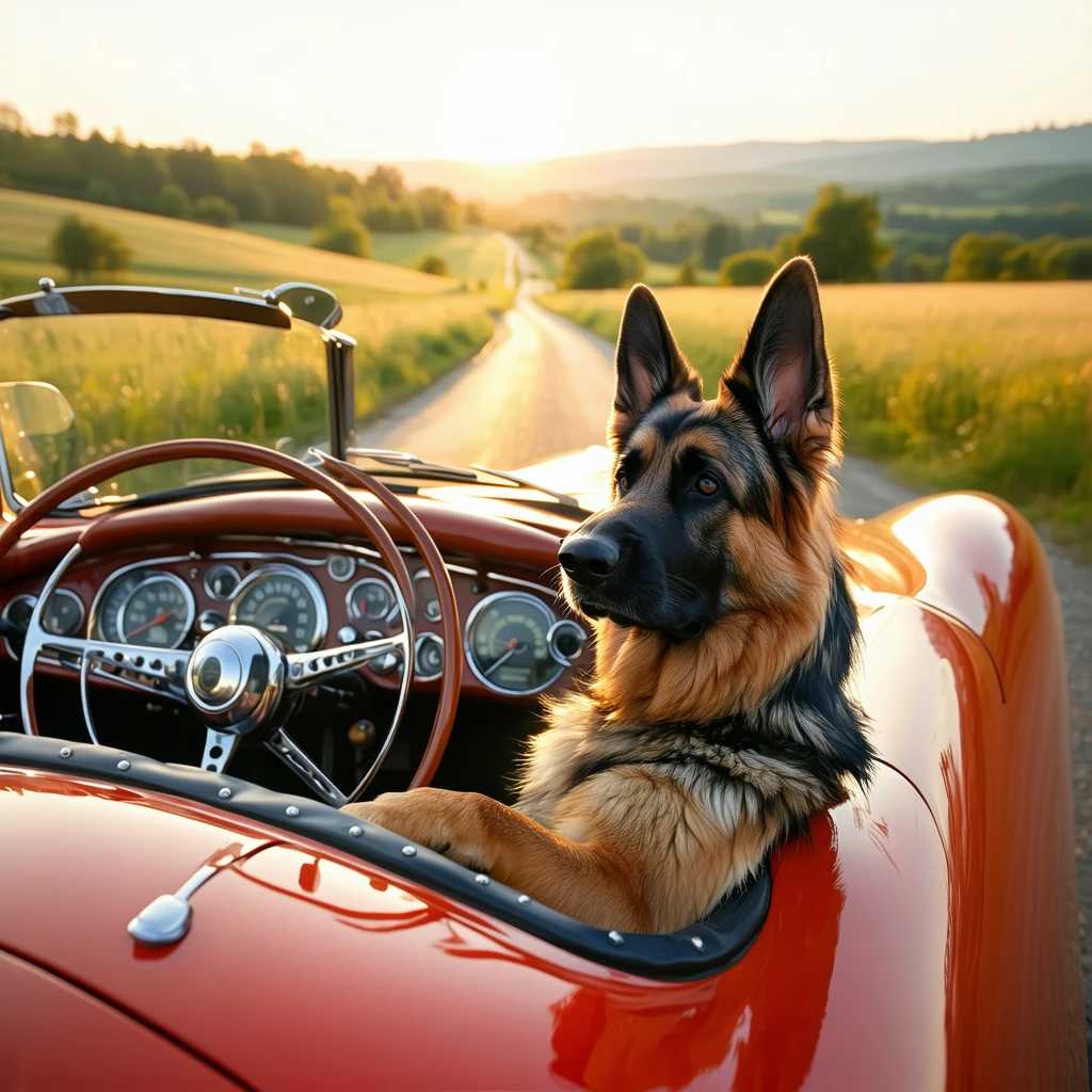 Title: "Canine Chauffeur: A German Shepherd's Journey"

Image Description:
Create a whimsical and humorous scene depicting a German Shepherd confidently seated in the driver's seat of a vintage convertible car. The dog's front paws are positioned on the steering wheel, gazing intently ahead with a sense of determination and adventure. The sun is setting in the background, casting a golden hue over the open road and creating a sense of freedom and exploration.

Visual Details:
- The German Shepherd's fur should be richly detailed, showcasing the classic black and tan markings with a glossy texture.
- The car is a polished red vintage convertible, with chrome accents that gleam in the sunlight.
- The road is a winding country lane, bordered by fields of tall swaying grass and distant rolling hills.

Artistic Style:
- Choose a style that blends realism with a touch of cartoonish exaggeration to enhance the fantasy of a dog driving.
- Emphasize vibrant colors and bold outlines, reminiscent of classic animation or children's book illustrations.

Composition:
- The German Shepherd should be the focal point, positioned centrally in the composition.
- The camera angle should be slightly tilted, adding to the playful nature of the scene, as if viewed from the passenger seat.

Mood and Atmosphere:
- The mood is