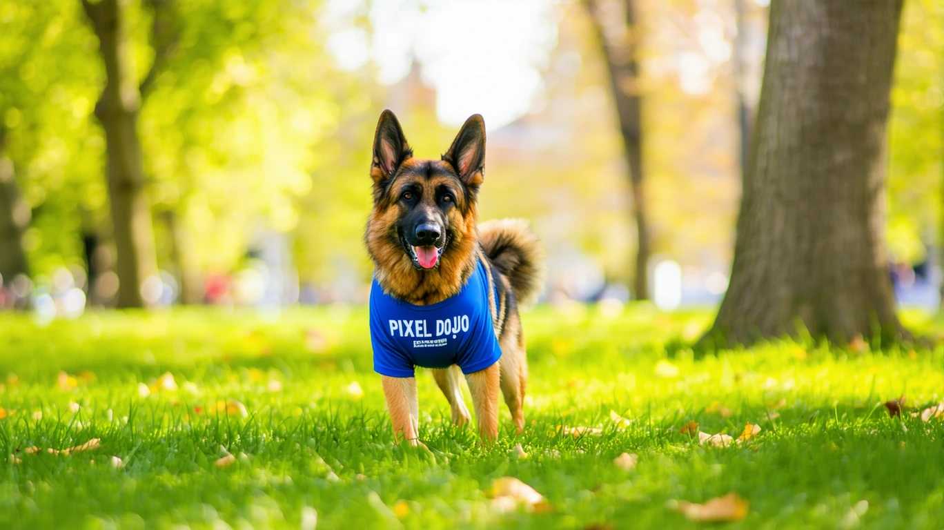 A lively German Shepherd dog stands proudly in the center of the frame, its intelligent eyes glistening under the gentle afternoon sunlight. The dog's thick, glossy fur captures the play of light and shadows, emphasizing its muscular build and attentive posture. It wears a snug-fitting, vibrant blue shirt with bold white lettering that reads "PIXEL DOJO" across the chest. The shirt fabric shows slight wrinkles and stretch marks, adding realism. The background is a serene park scene, with lush green grass and softly blurred trees, suggesting an early autumn setting with scattered fallen leaves. The camera angle is slightly low, enhancing the dog's presence and capturing a cheerful, carefree mood. The overall composition exudes warmth and playfulness, with natural outdoor lighting enhancing the vivid colors and details of the scene. The style is akin to a high-resolution, lifestyle pet photography with a dynamic depth of field to isolate the German Shepherd as the focal point.