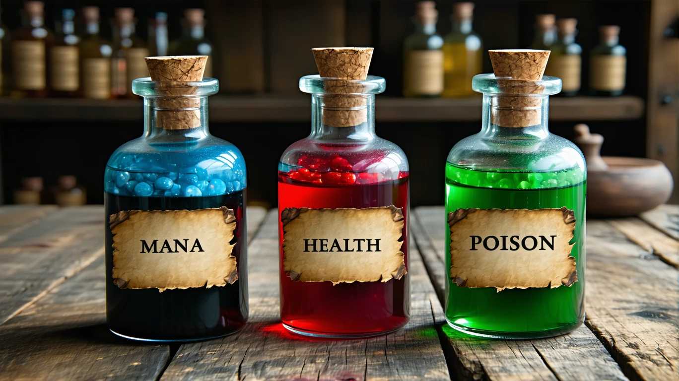Photo of three potions: the first potion is blue with the label “MANA”, the second potion is red with the label “HEALTH”, the third potion is green with the label “POISON”. Old apothecary
