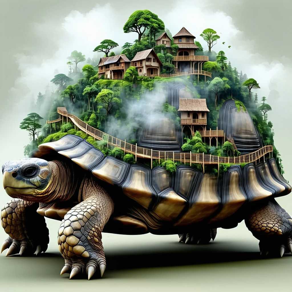 Scene of a giant ancient tortoise with a fantasy city built on its back. The tortoise’s shell is covered in lush, dense forest with towering trees and a hidden, misty village nestled in the foliage. The city consists of intricately designed buildings that blend seamlessly with the natural environment, featuring rope bridges connecting different sections of the city
