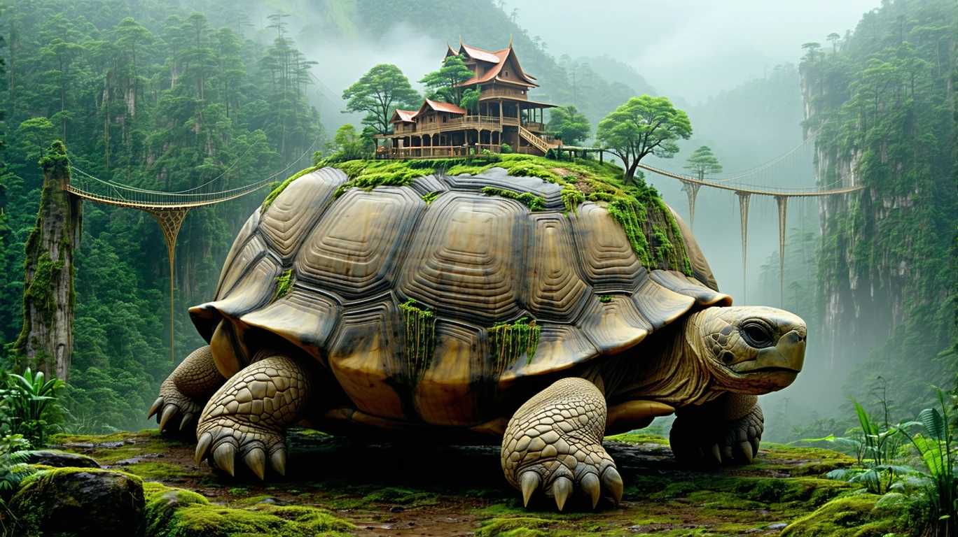 Scene of a giant ancient tortoise with a fantasy city built on its back. The tortoise’s shell is covered in lush, dense forest with towering trees and a hidden, misty village nestled in the foliage. The city consists of intricately designed buildings that blend seamlessly with the natural environment, featuring rope bridges connecting different sections of the city
